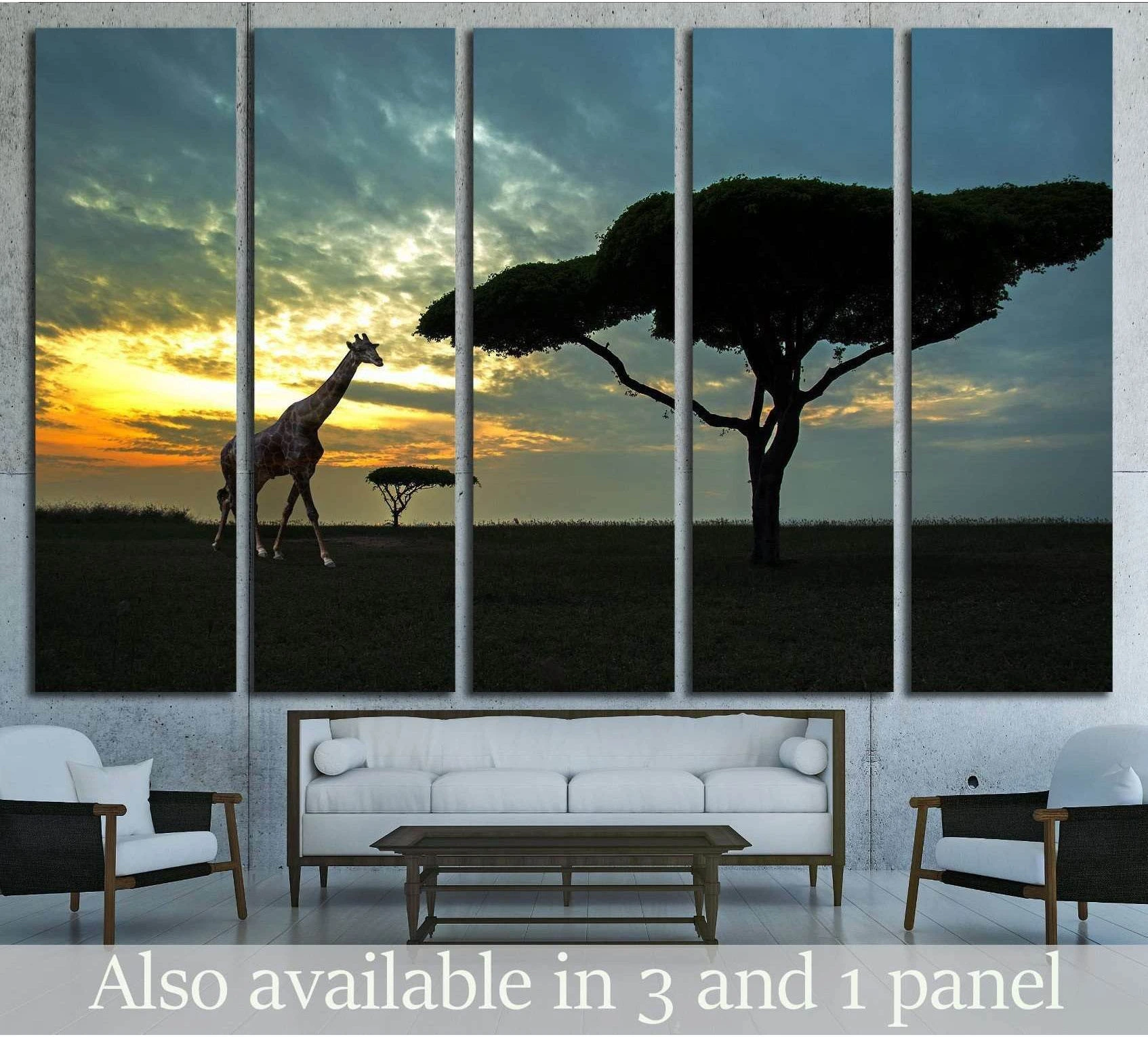 African safari canvas print with giraffe silhouette and acacia tree at sunset above a sofa