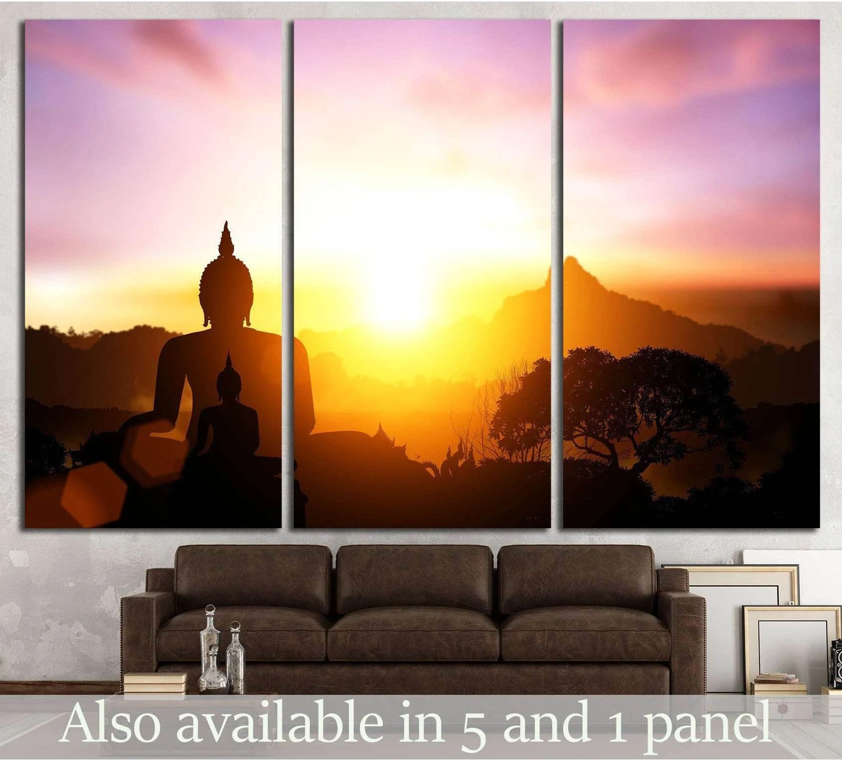 Triptych Buddha canvas print with sunset sky, mountain silhouette, and tree above a sofa