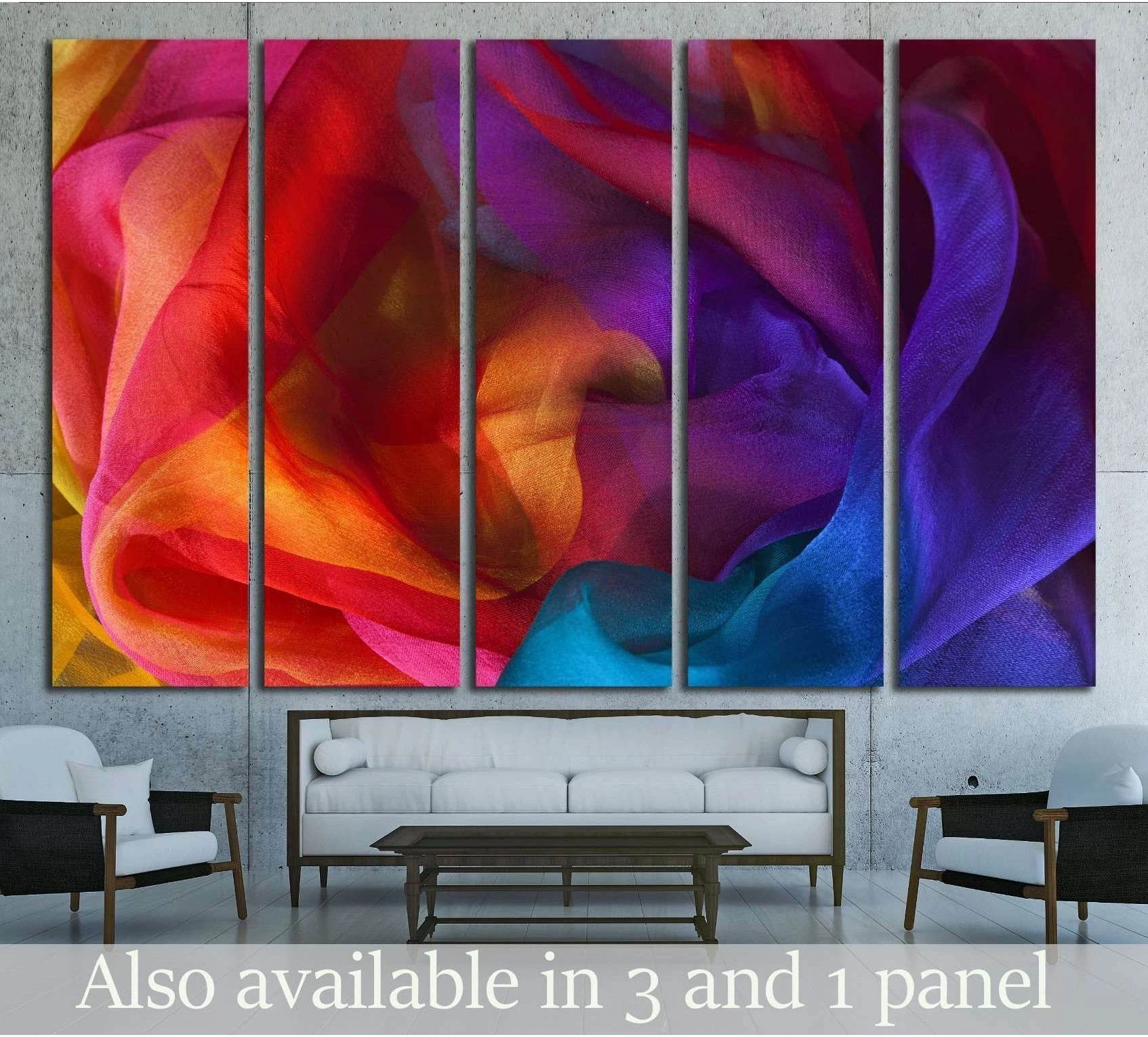 Rainbow silk abstract canvas print with flowing red, orange, purple, and blue fabric folds