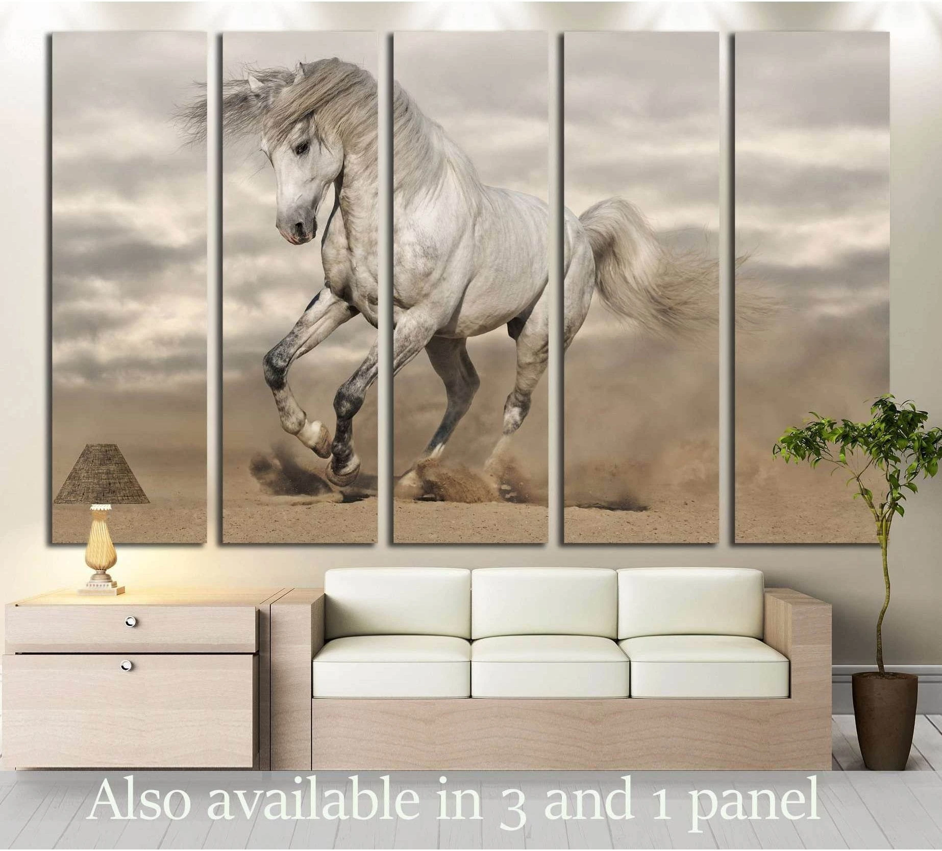 Silver gray Andalusian horse canvas print displayed above a sofa in a neutral living room