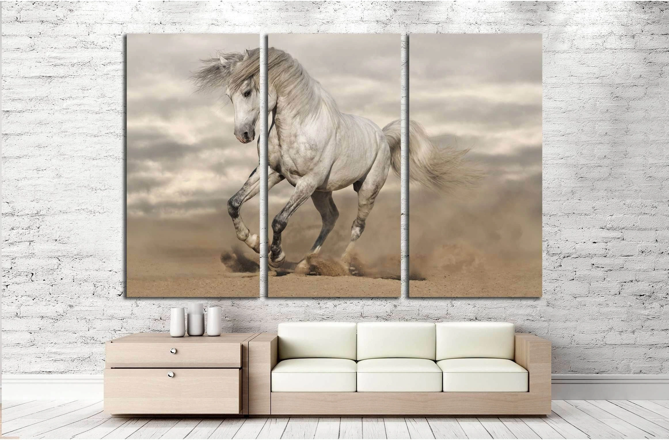 Silver gray Andalusian horse in desert. Toned image №2785 Ready to Hang Canvas Print - Zellart Canvas Prints ALL_Products, Horses, s-2785