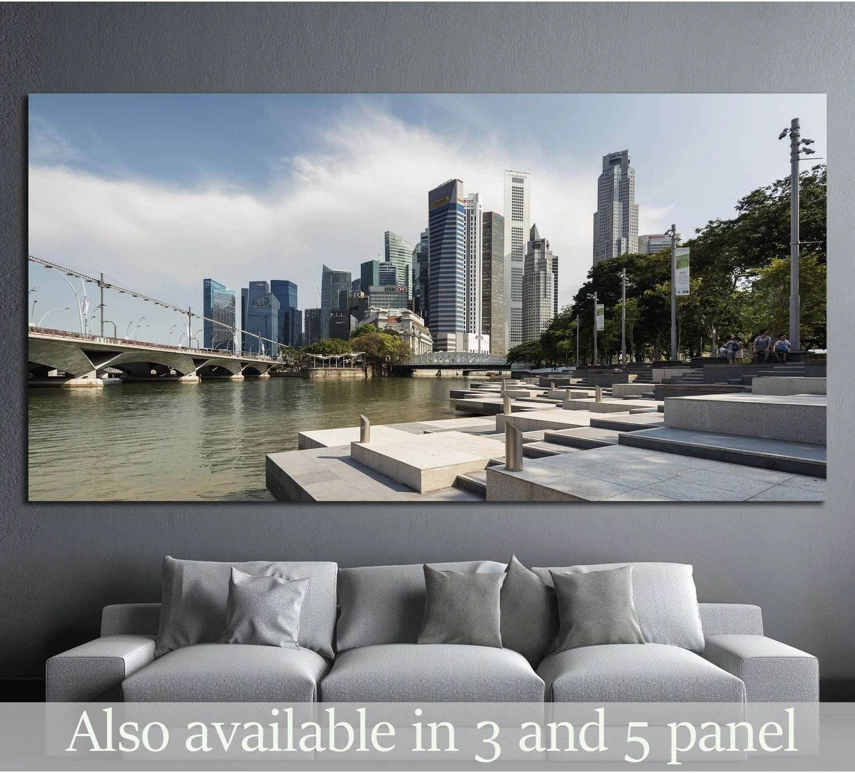 Singapore CBD skyline and riverfront promenade canvas print above sofa in a modern living room