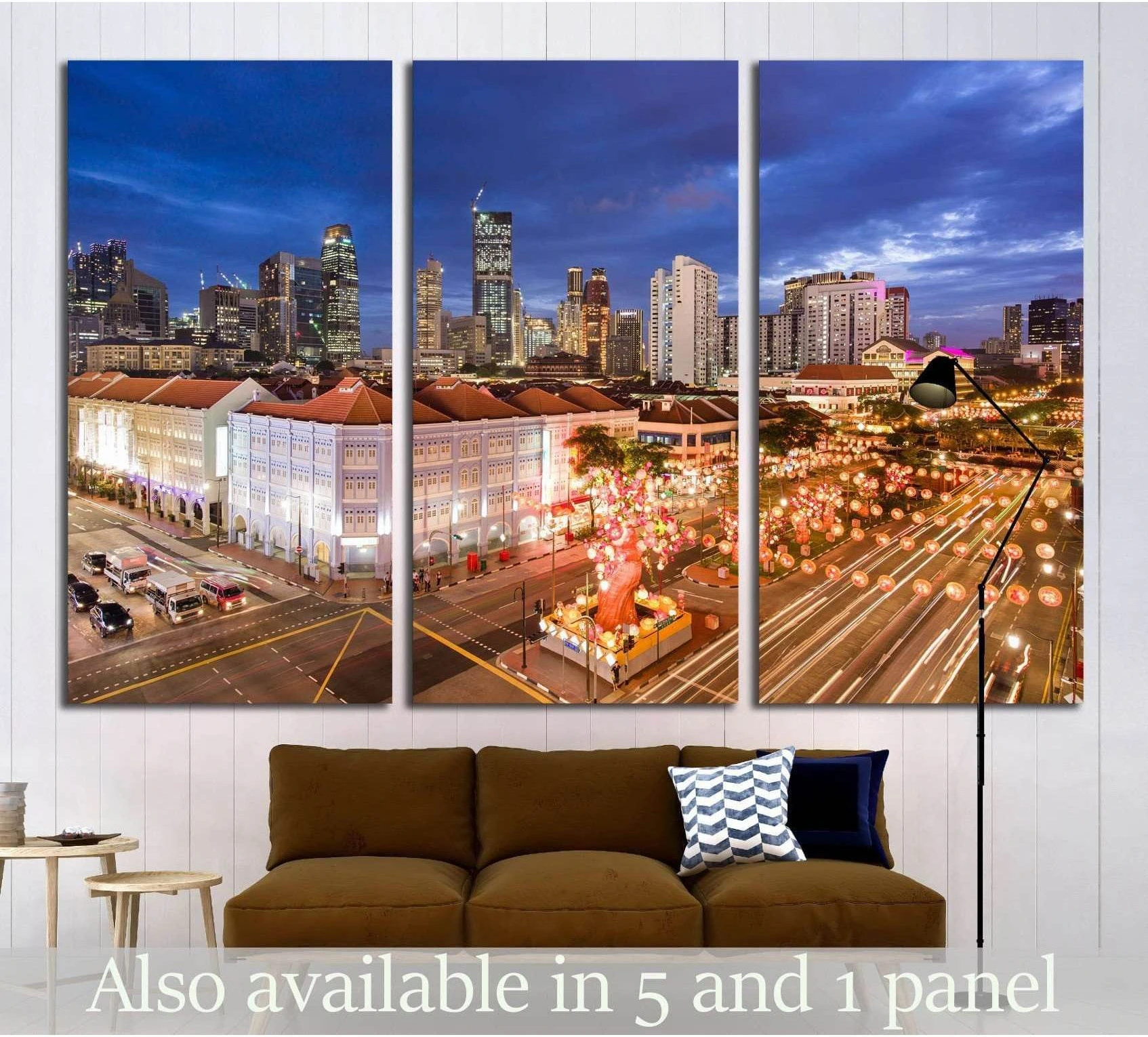 Triptych Singapore Chinatown canvas print with glowing lanterns above sofa in modern living room