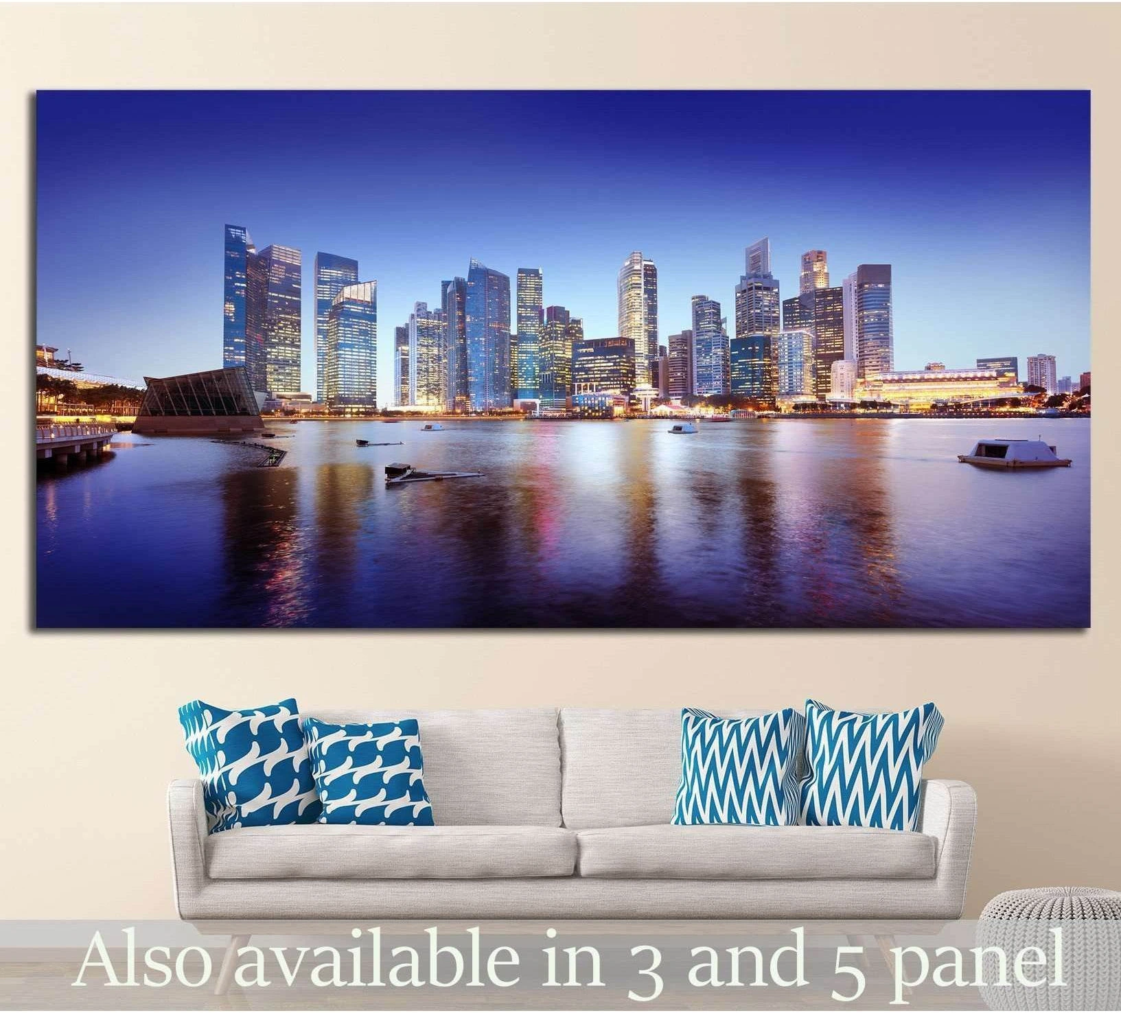 Singapore skyline canvas print above sofa in modern living room with Marina Bay reflections