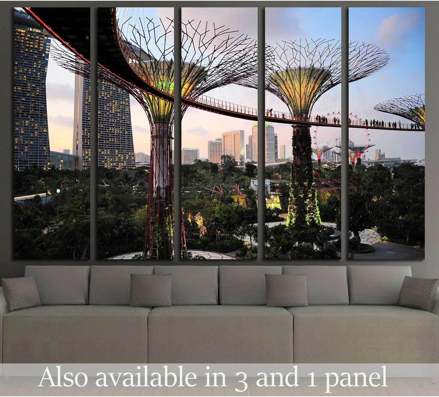 Singapore Gardens by the Bay canvas print above a sofa with glowing Supertrees and skyline at dusk