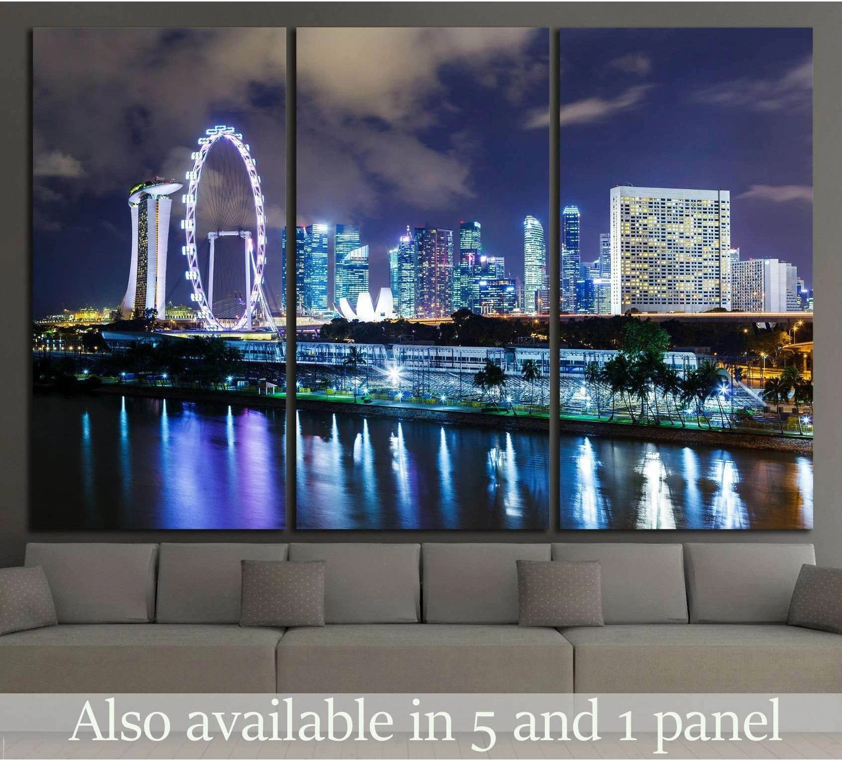 Singapore skyline canvas print with Marina Bay Sands and Singapore Flyer above a sofa