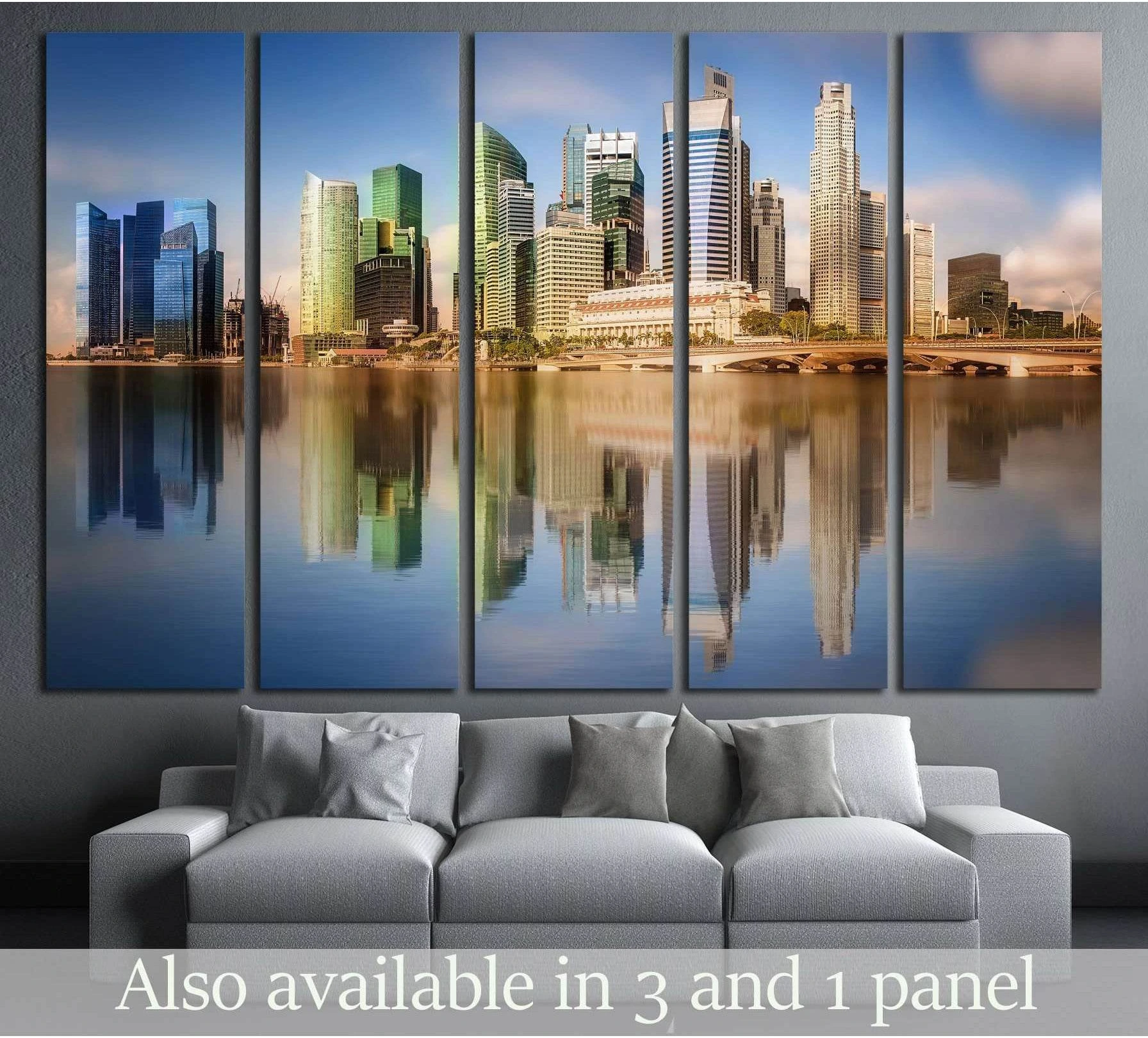 Singapore skyline canvas print with Marina Bay skyscrapers and water reflections above a sofa