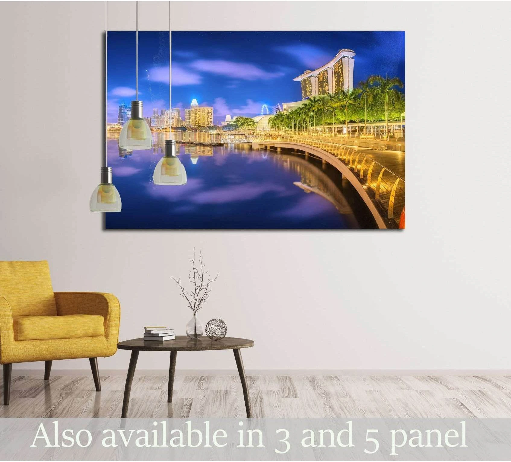 Singapore Marina Bay skyline canvas print with waterfront lights in a modern living room