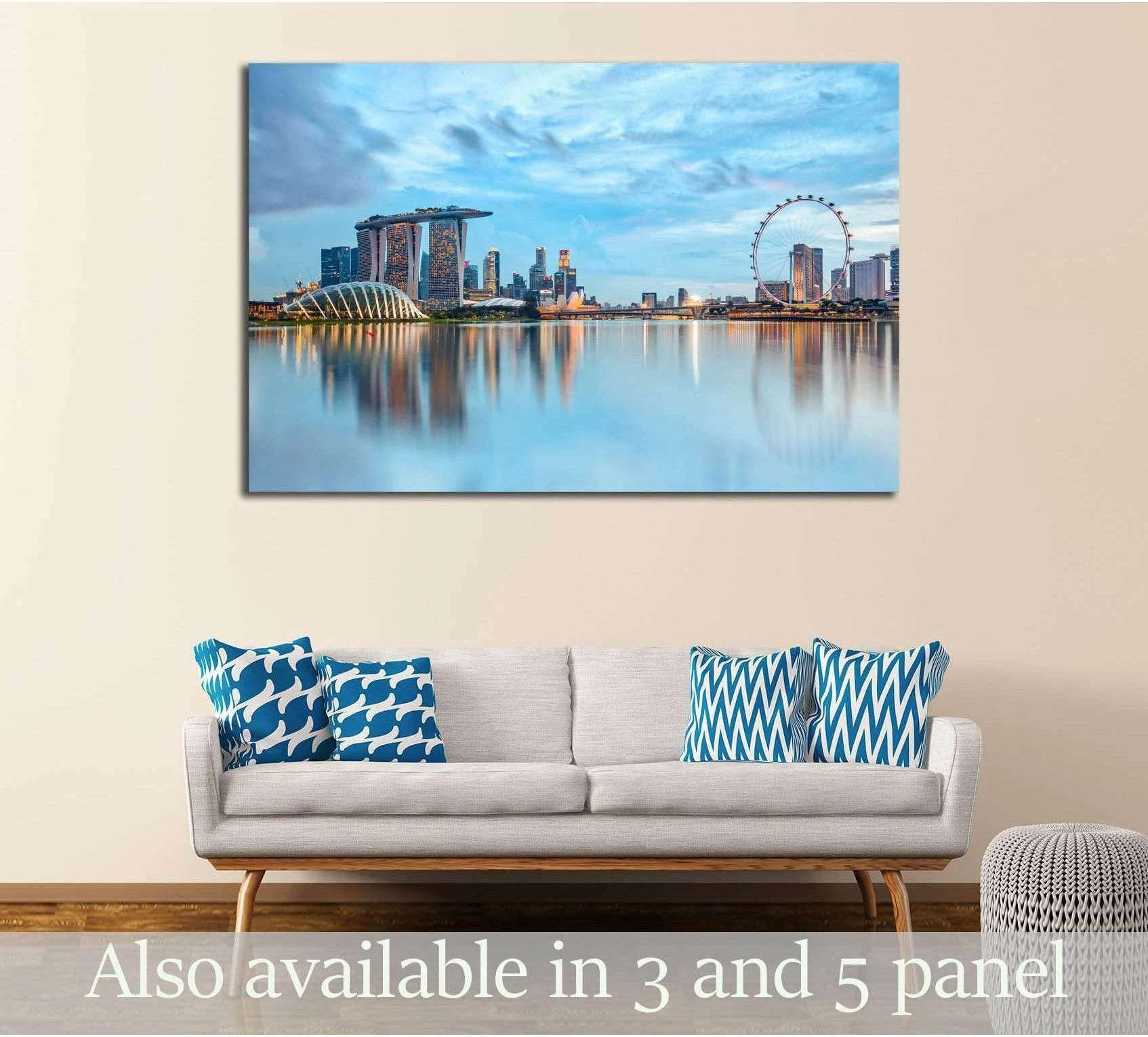 Singapore skyline canvas print with Marina Bay Sands above sofa in a modern living room