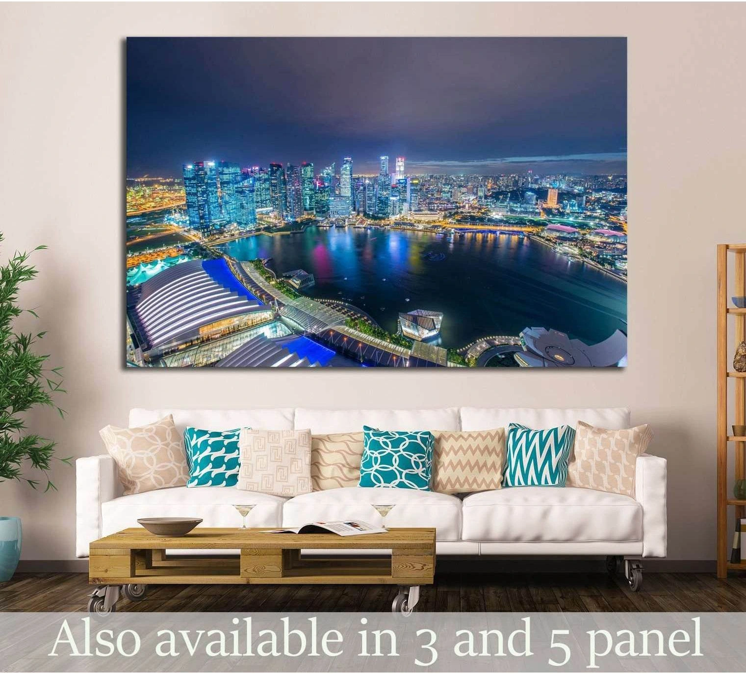 Singapore skyline canvas print above a sofa, showing Marina Bay at night with glowing city lights