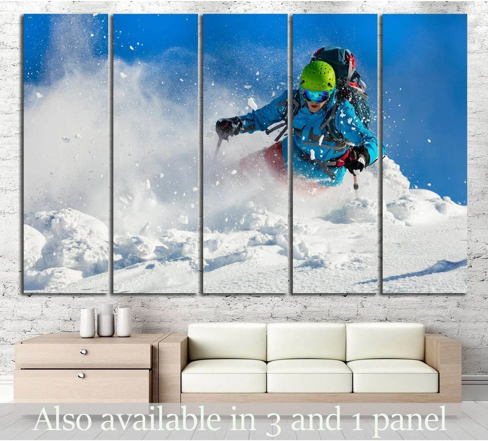 Powder skier multi-panel canvas print above sofa in a modern living room mockup