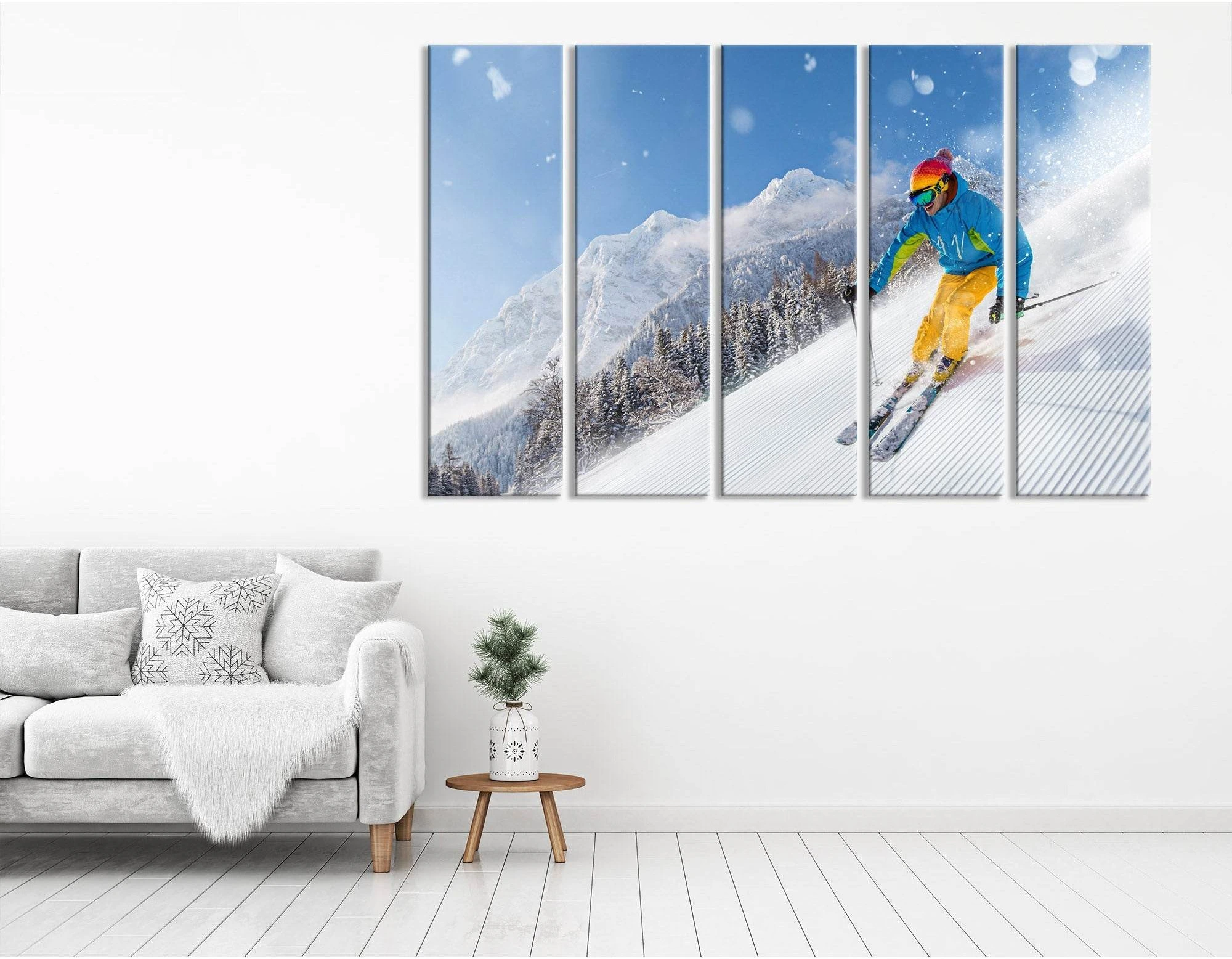 Skier Descends From A Snowy Mountain №04429 Ready to Hang Canvas Print - Zellart Canvas Prints ALL_Products