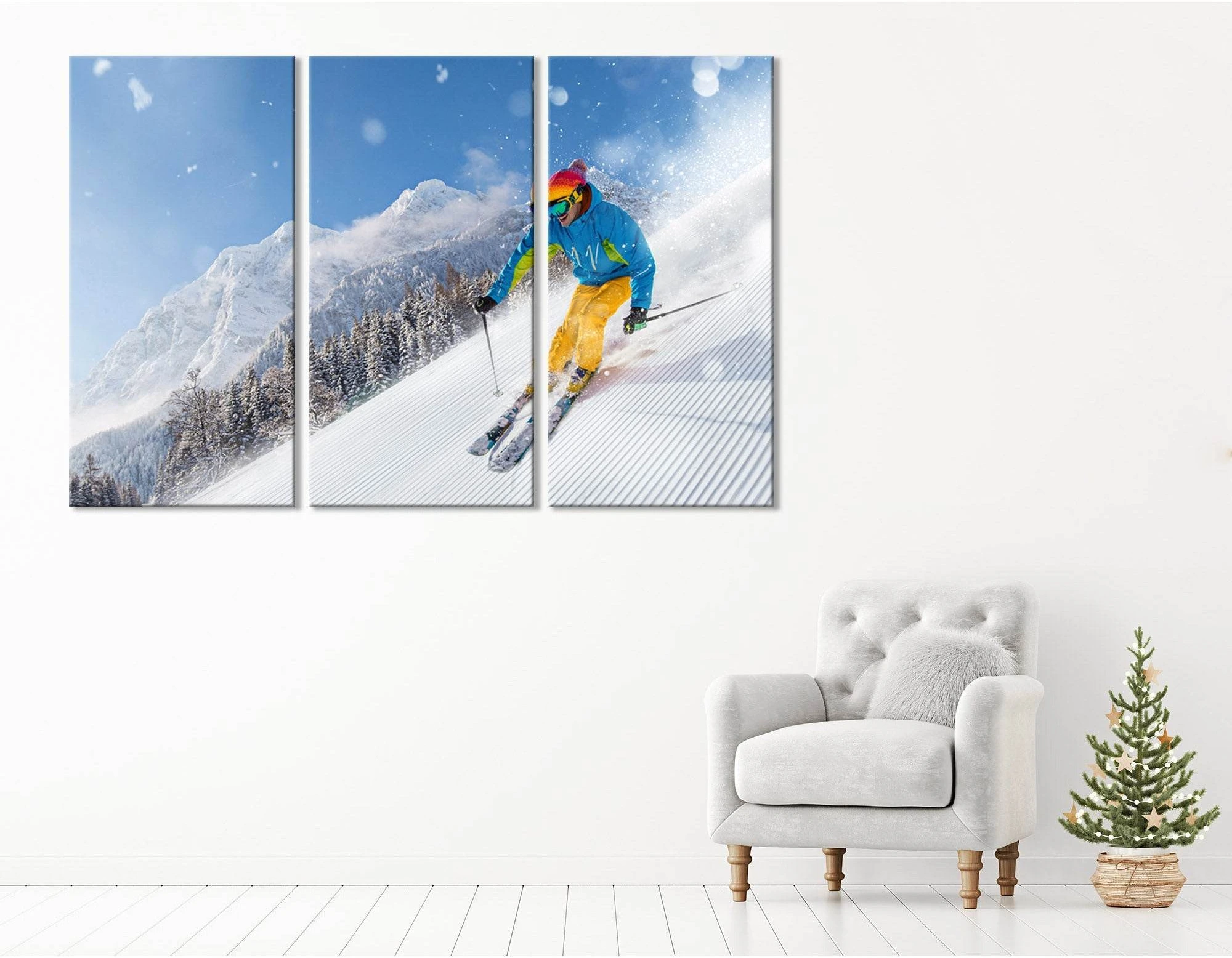 Skier Descends From A Snowy Mountain №04429 Ready to Hang Canvas Print - Zellart Canvas Prints ALL_Products