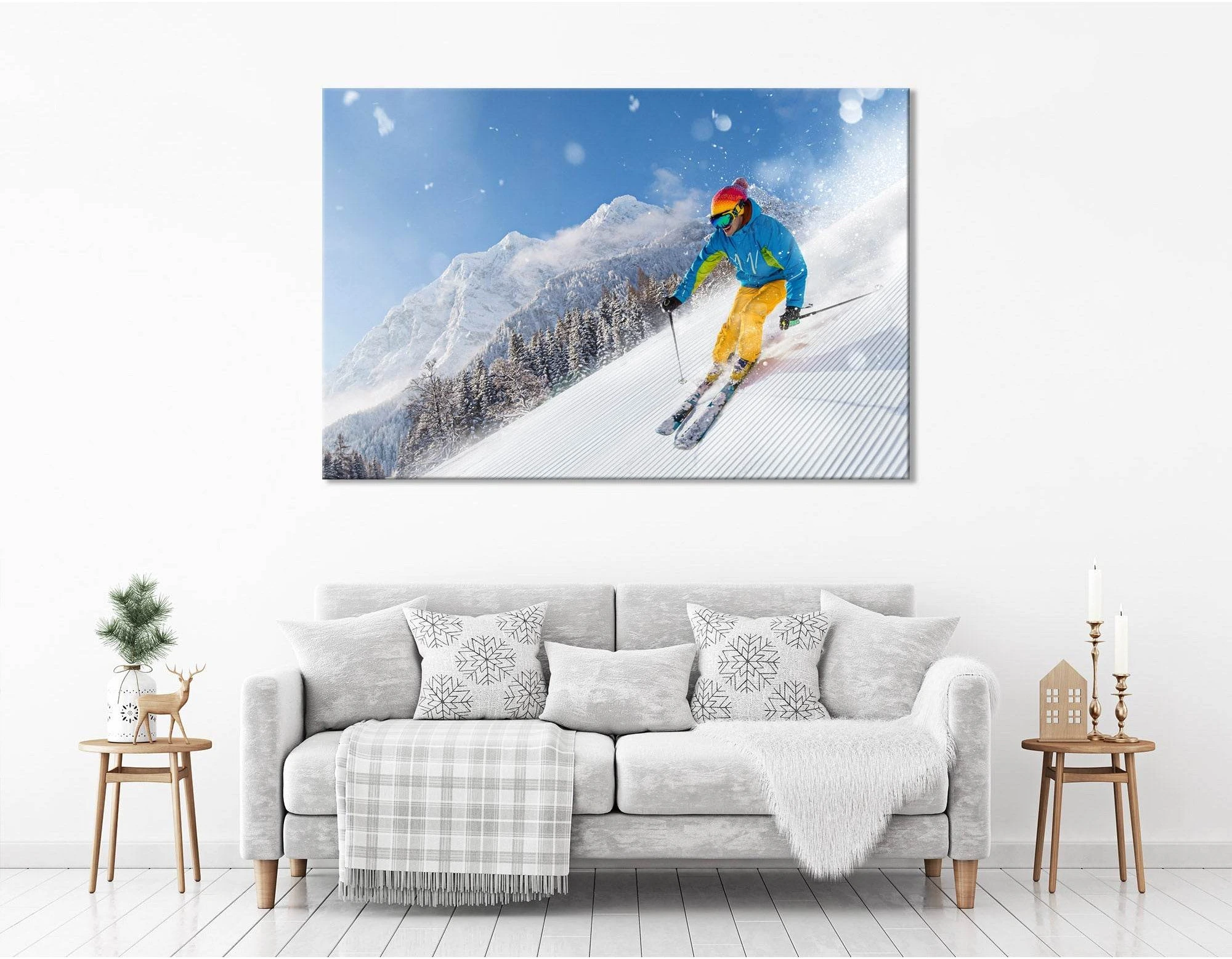 Skier Descends From A Snowy Mountain №04429 Ready to Hang Canvas Print - Zellart Canvas Prints ALL_Products