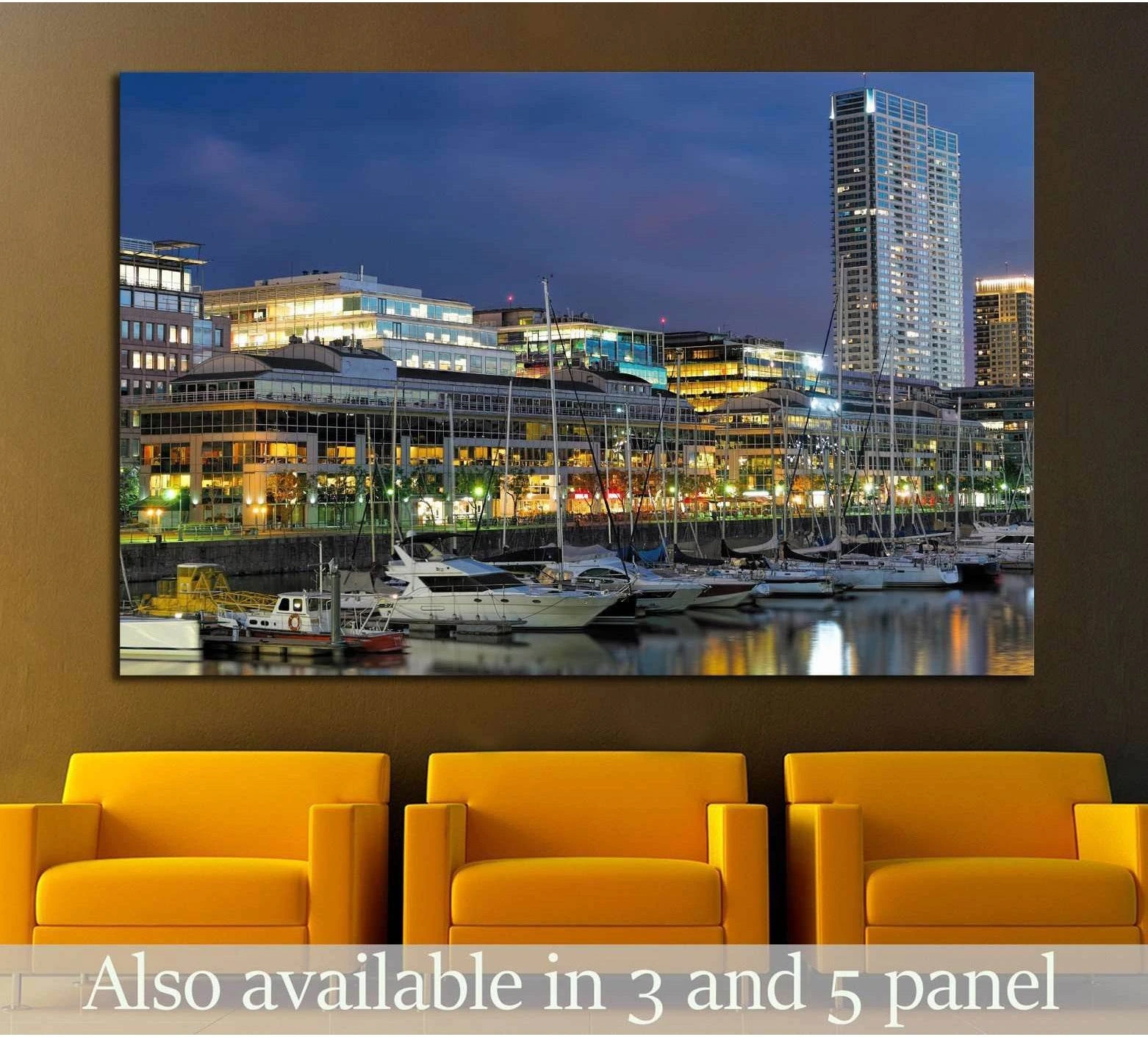 Buenos Aires skyline canvas print above yellow chairs with marina lights and sailboats at dusk