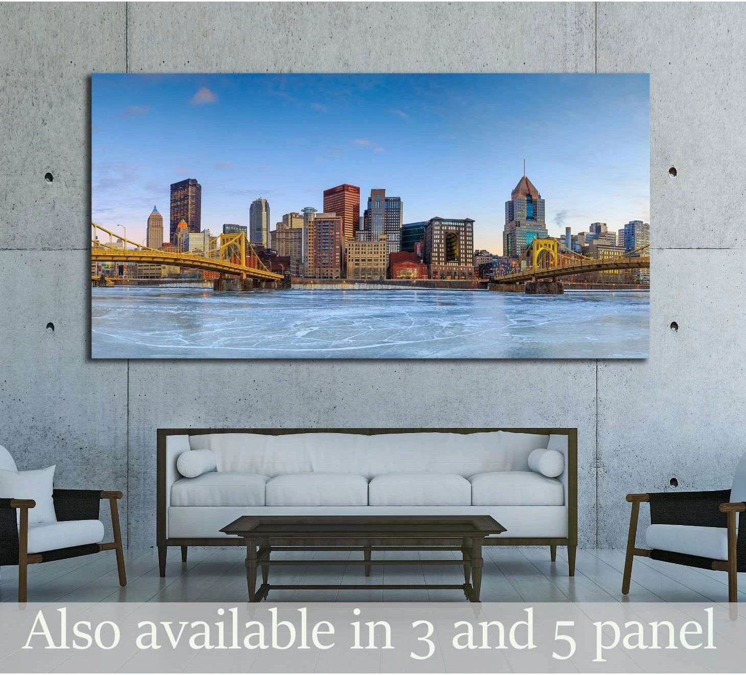 Pittsburgh skyline canvas print with yellow bridges at twilight above a sofa in a modern living room