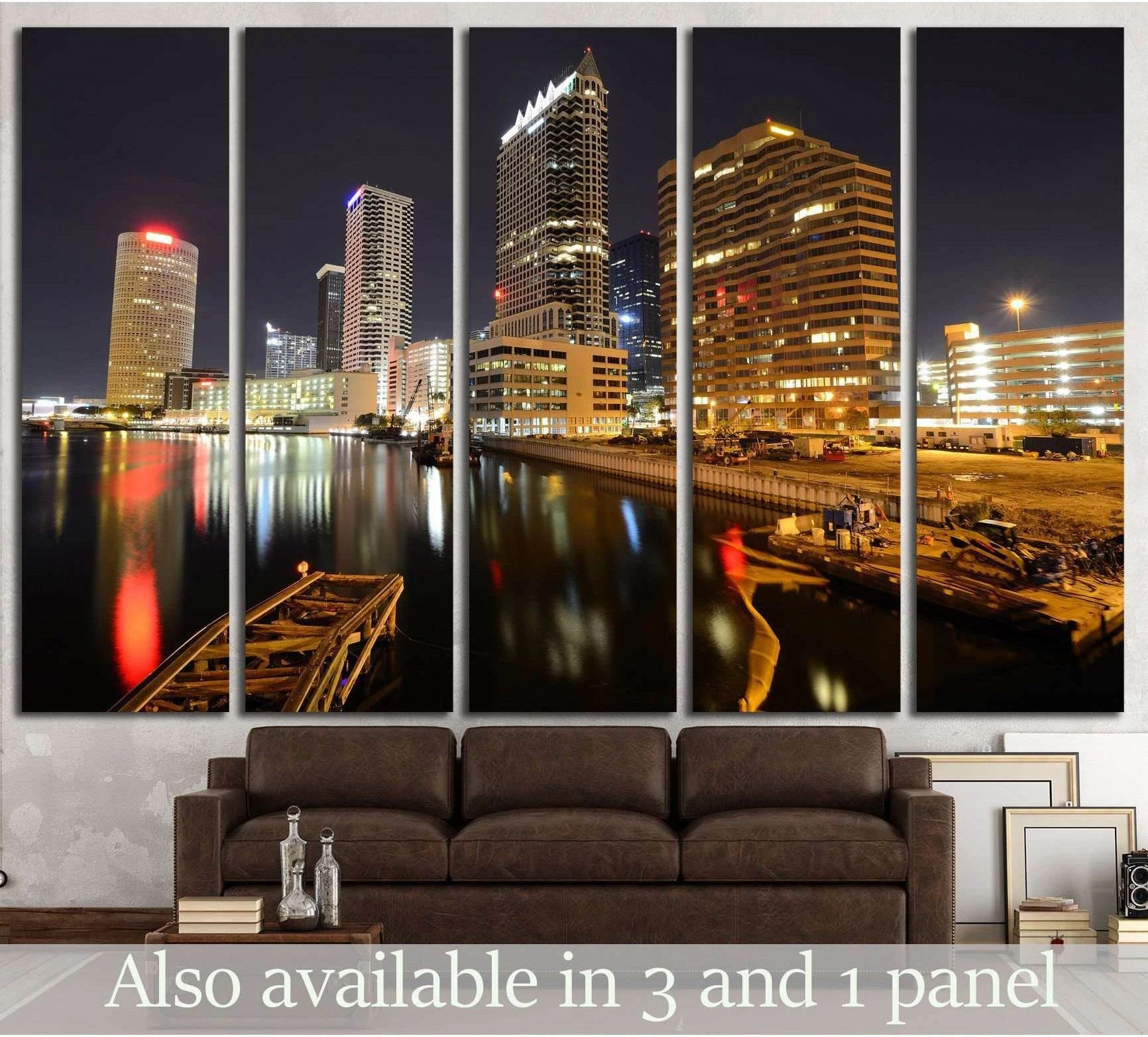 Tampa skyline canvas print with illuminated downtown waterfront at night above a brown sofa