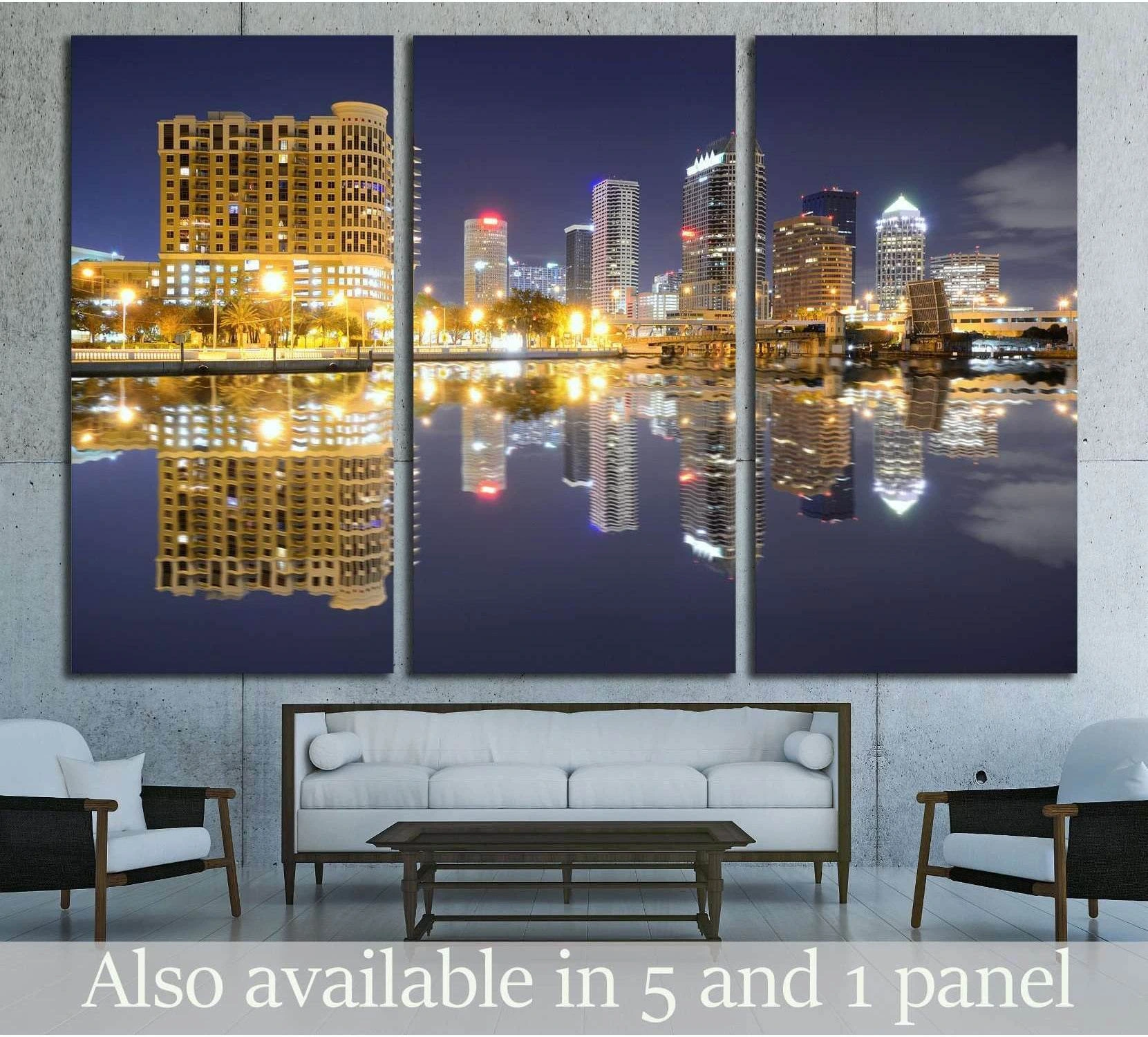 Tampa skyline canvas print with downtown buildings reflected on calm water at night in a triptych living room mockup
