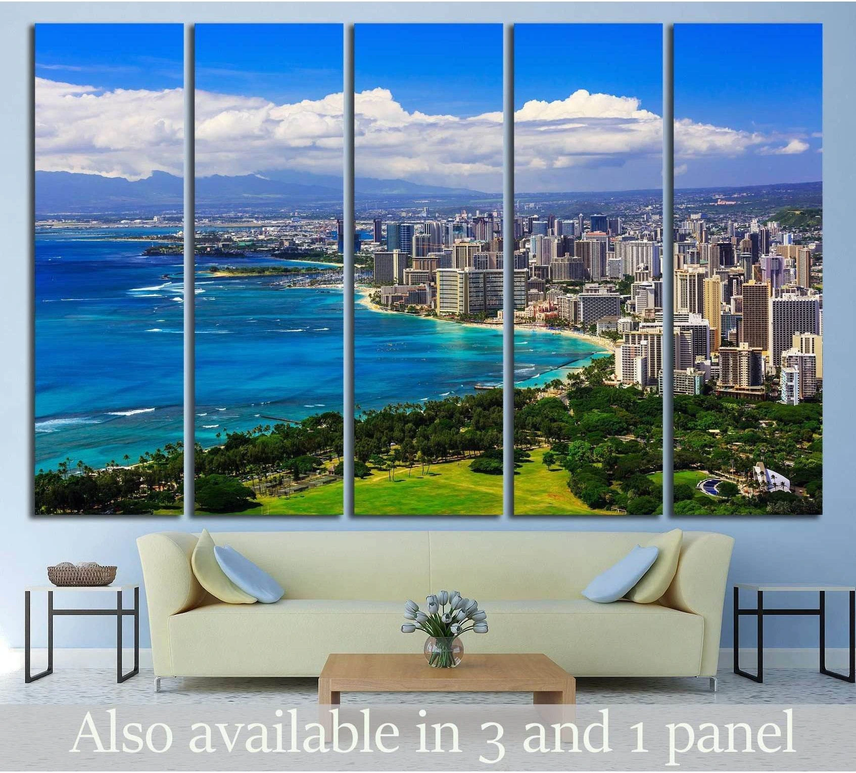Honolulu Waikiki skyline canvas print with turquoise ocean, high-rise buildings, and beach coastline