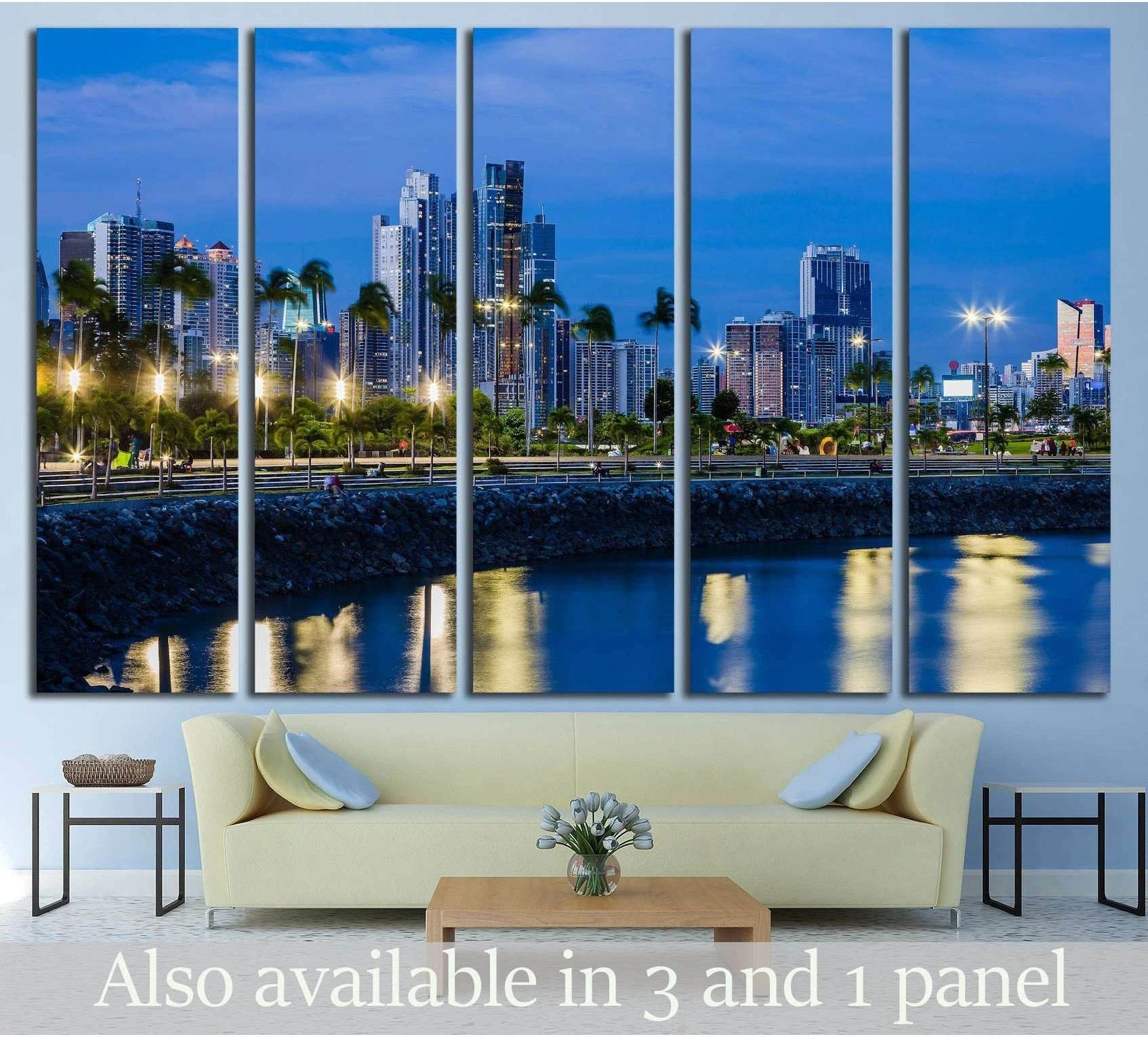 Panama City skyline canvas print at blue hour above a sofa in a modern living room