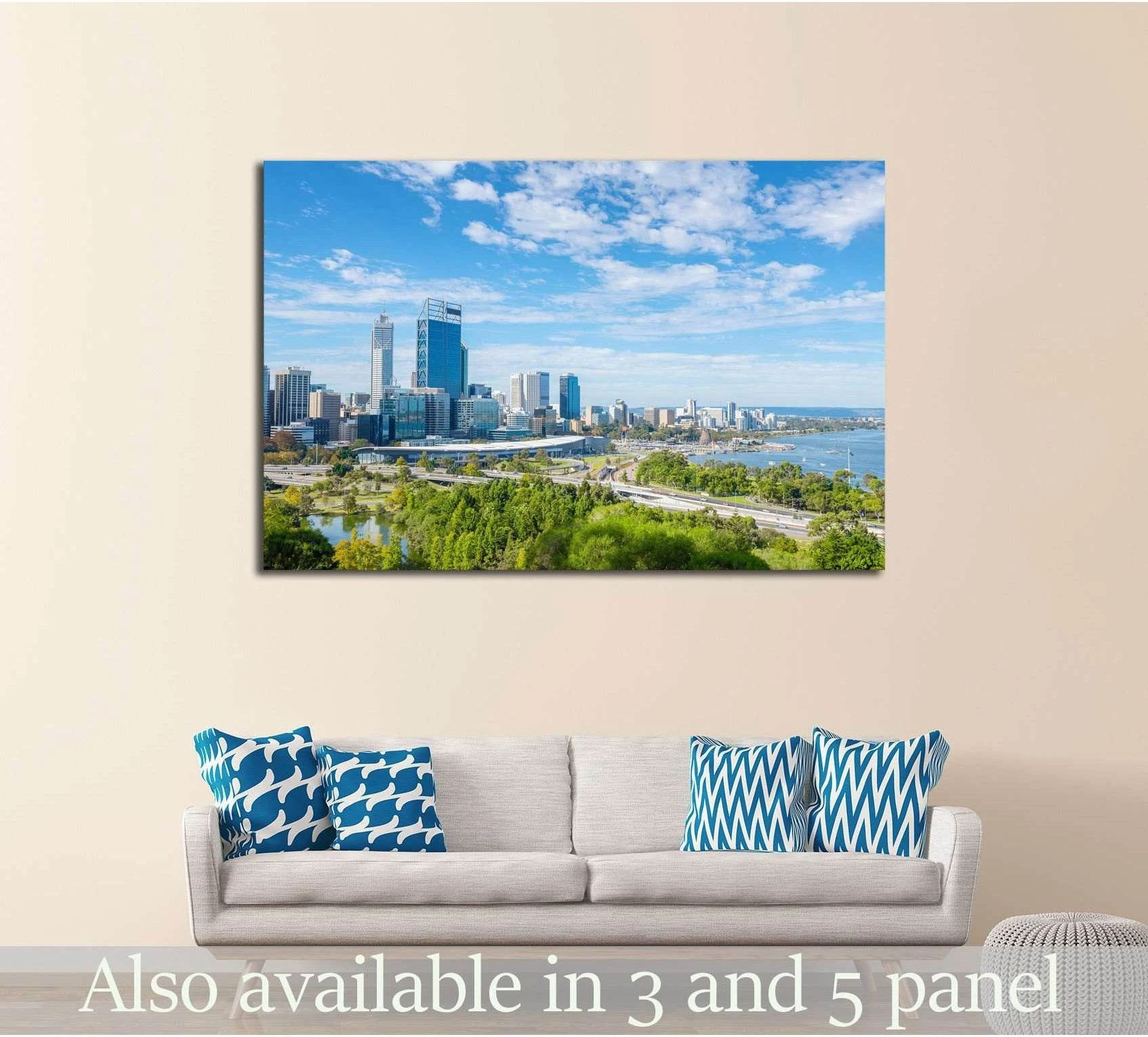 Perth skyline canvas print with CBD towers, Swan River, and blue sky hung above a sofa