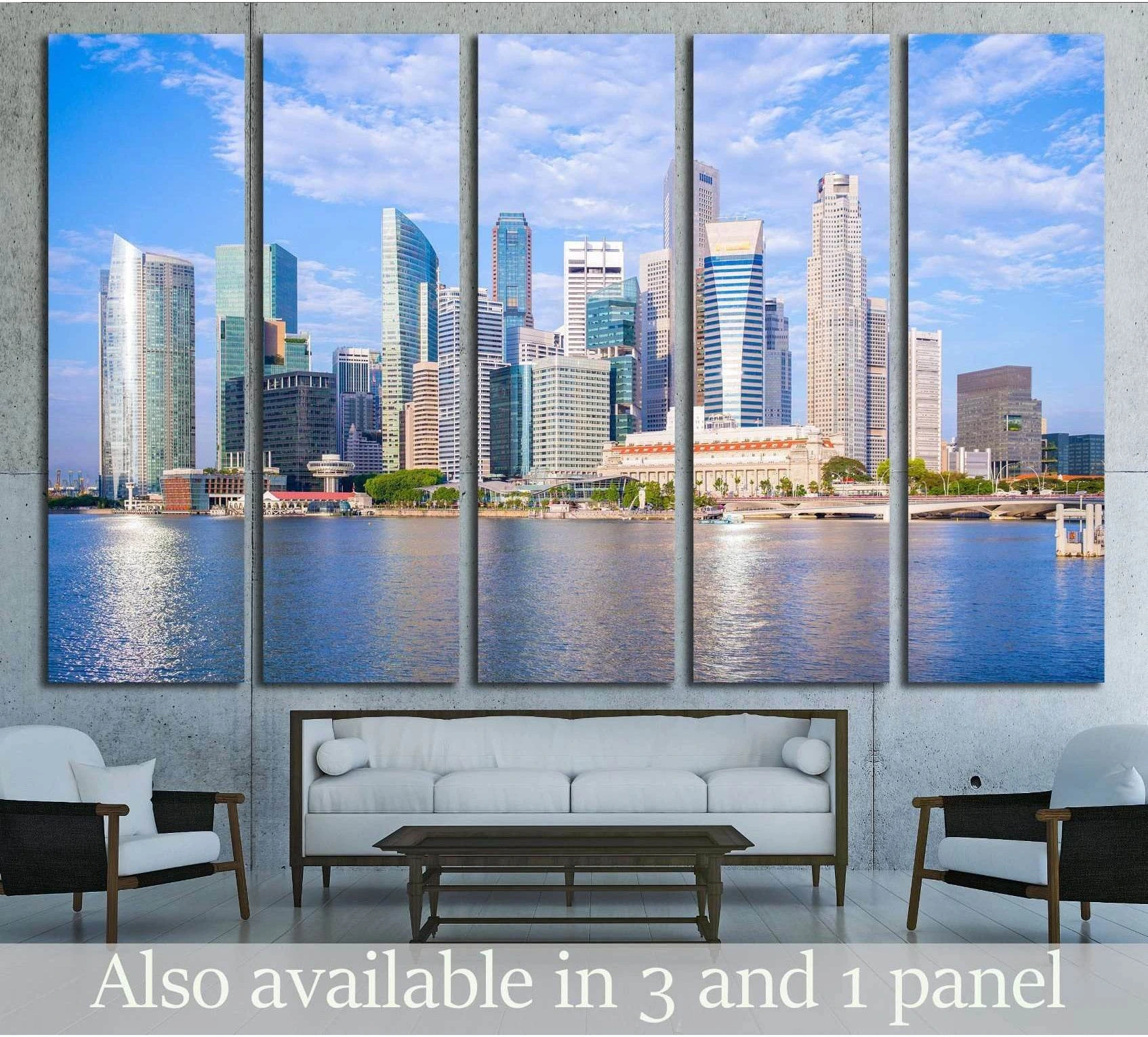 Singapore skyline canvas print above a sofa, featuring Marina Bay skyscrapers and waterfront reflections