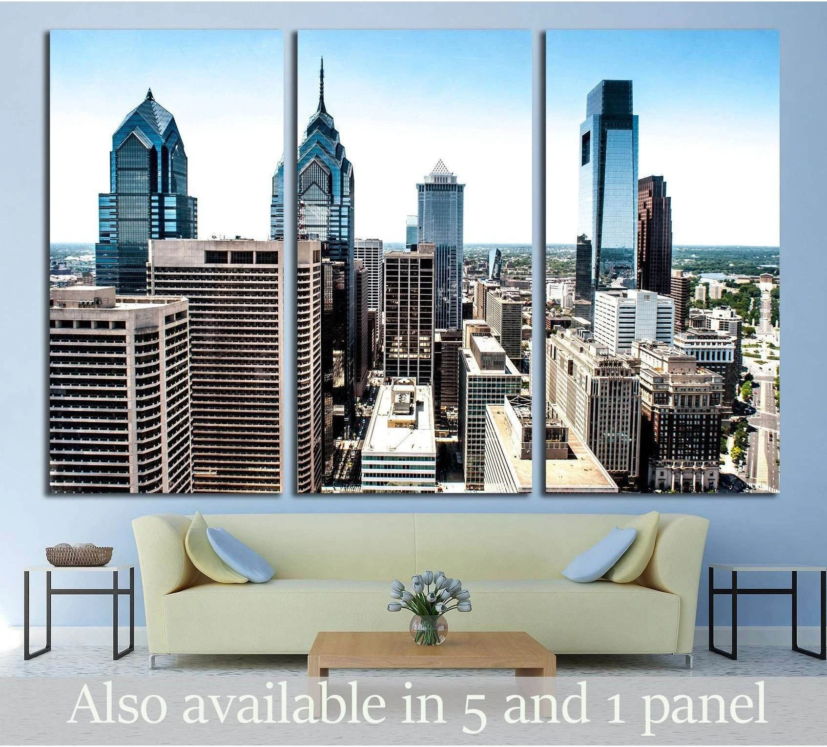 Philadelphia skyline triptych canvas print aerial view displayed above sofa in modern living room