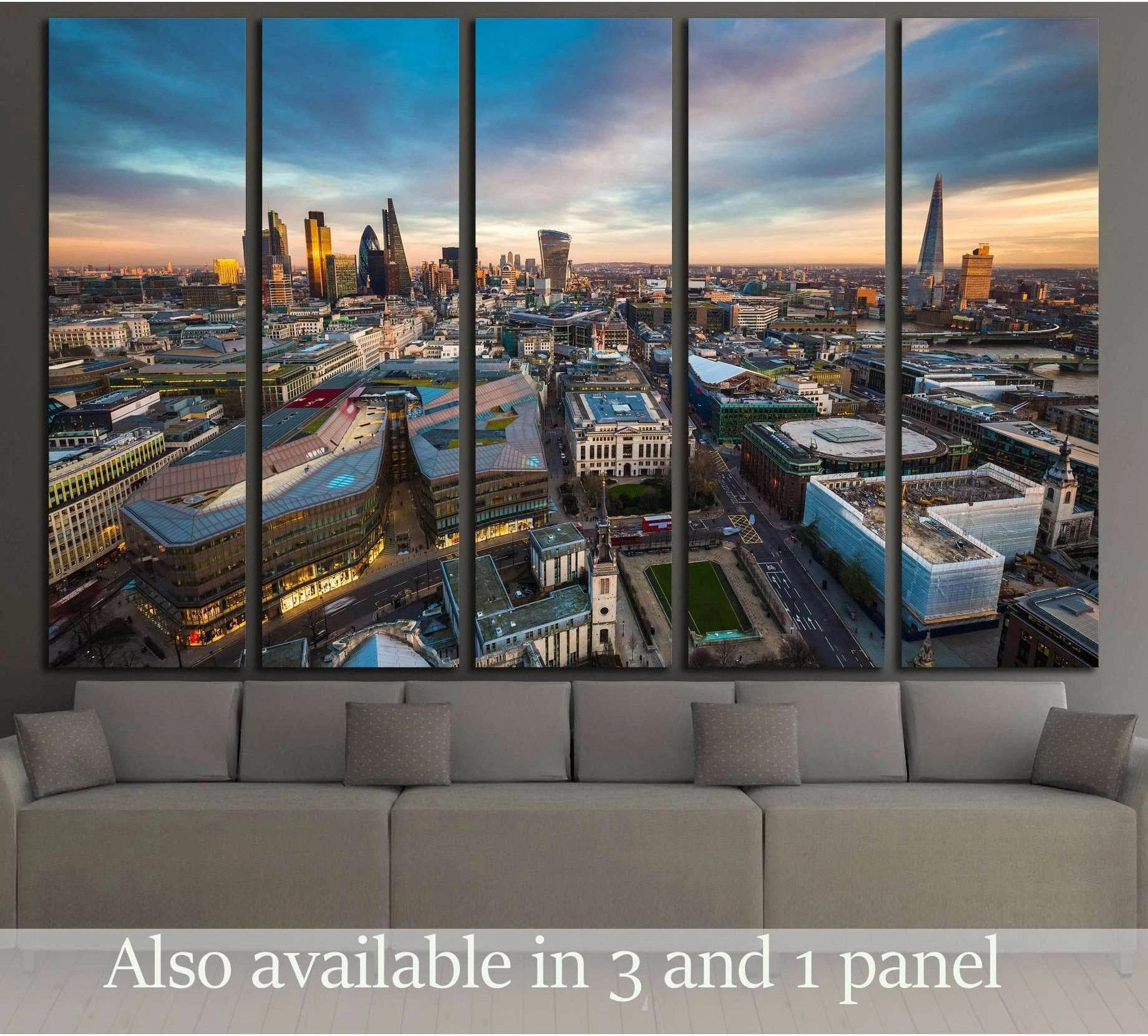 London financial district skyline canvas print hung above sofa in a modern living room