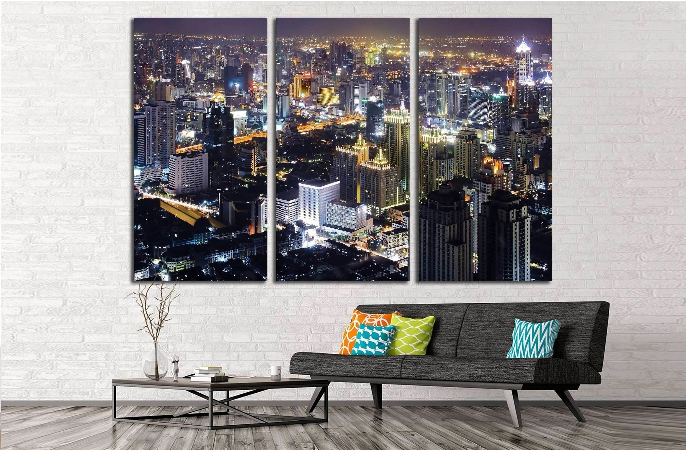 Skyscraper Bangkok downtown top View at Night from top of Thailand №2585 Ready to Hang Canvas Print - Zellart Canvas Prints ALL_Products, s-2585