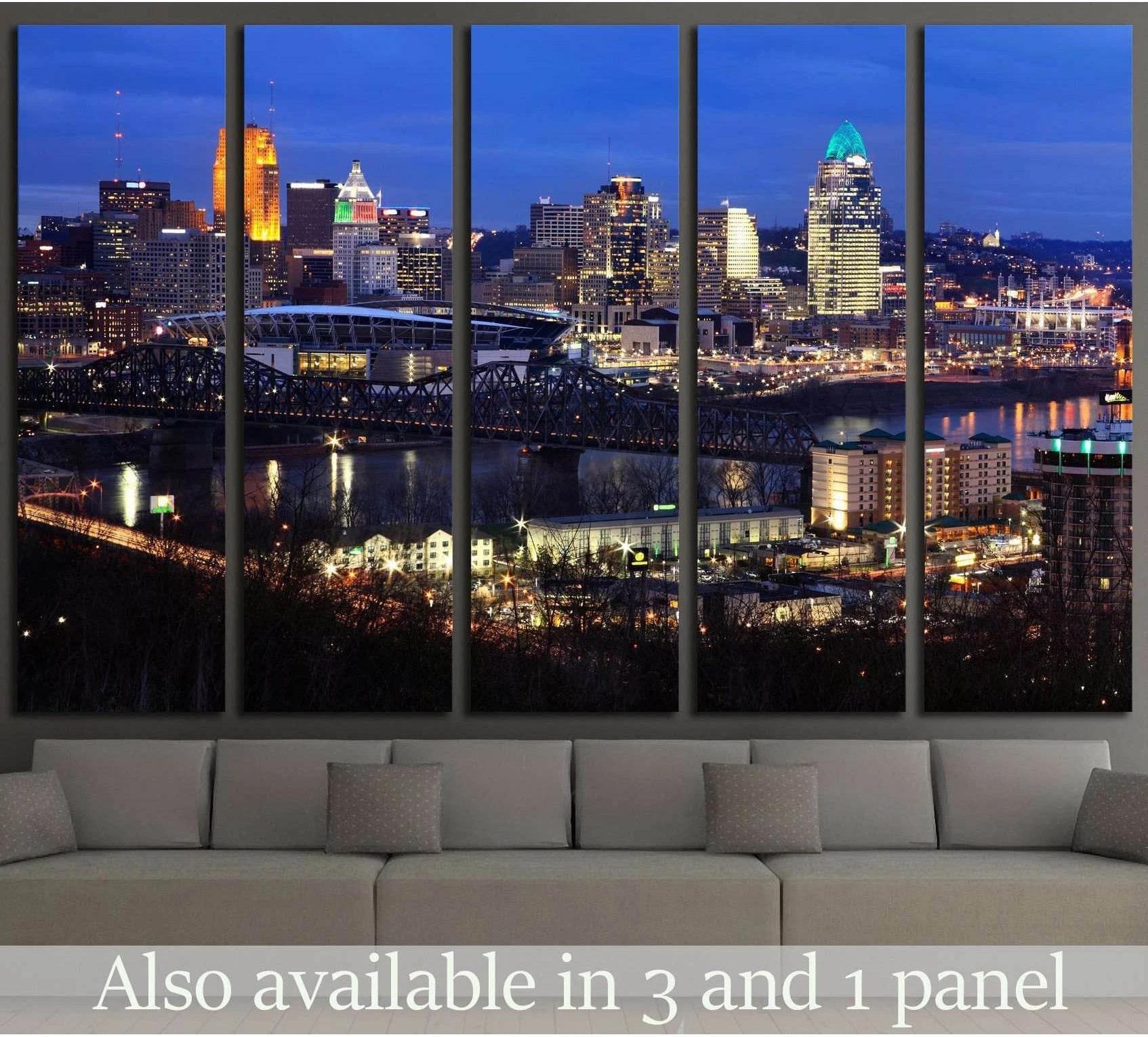 Cincinnati skyline canvas print with bridge and riverfront lights above a sofa