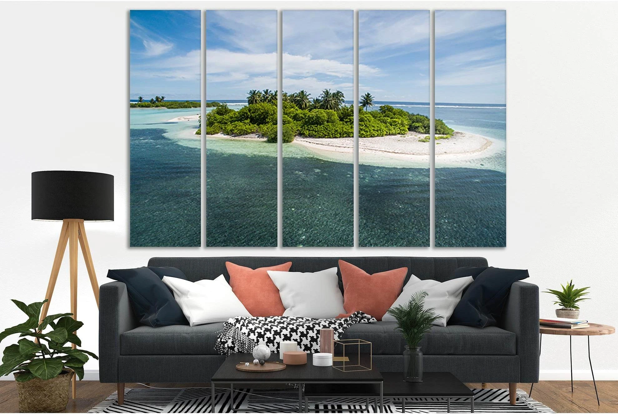 Tropical Island Canvas Print with Turquoise Water & Palms showing sea water, shoreline and horizon depth.