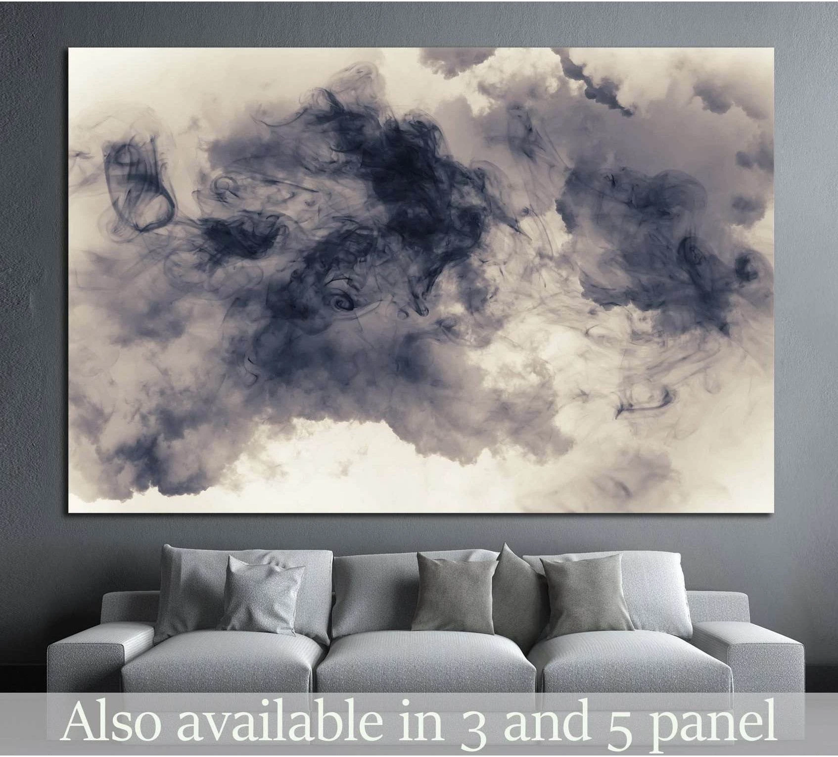 Abstract smoke cloud canvas print in navy and cream tones hung above a grey sofa in a modern living room