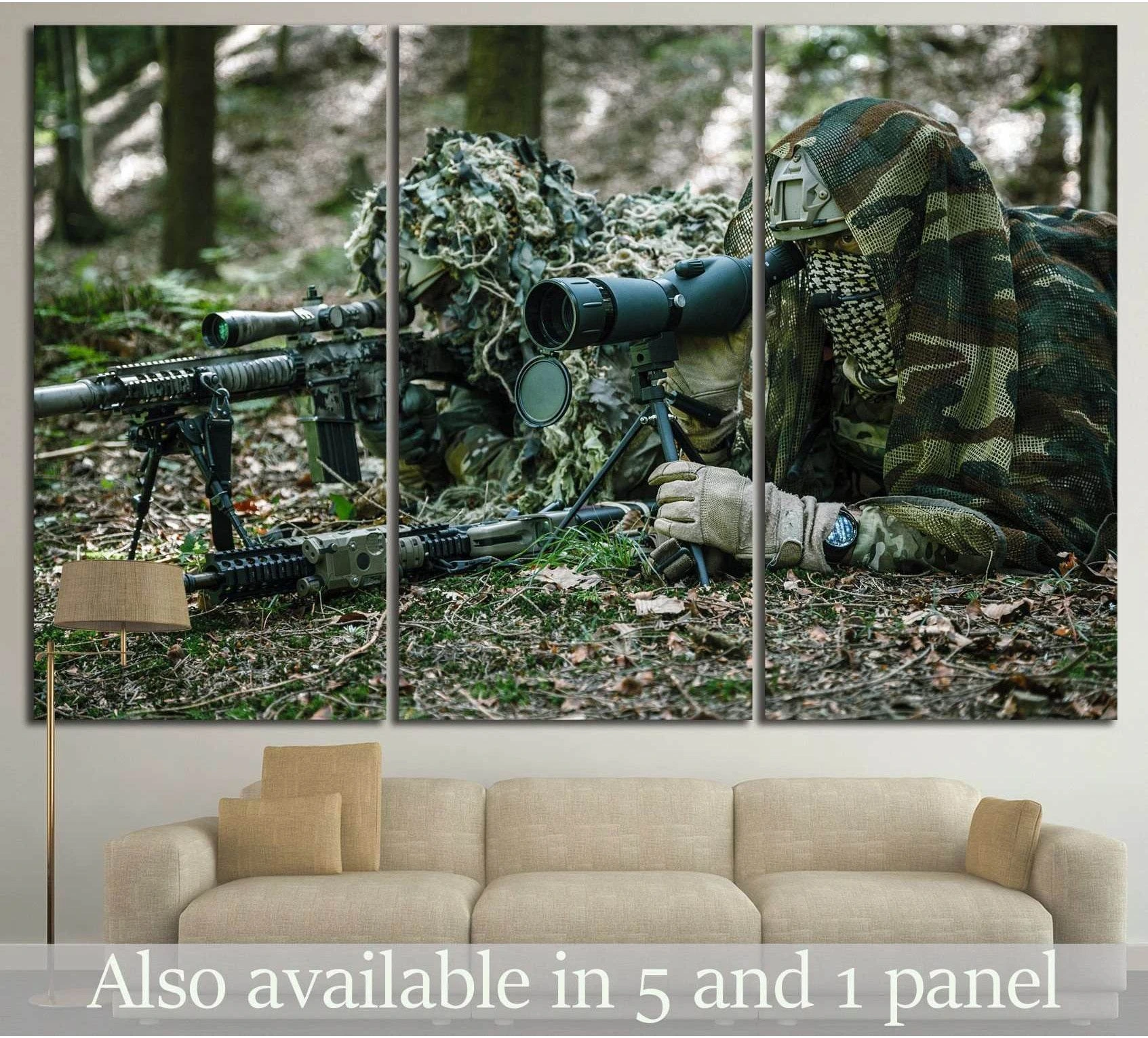 Triptych tactical sniper canvas print with camouflaged marksmen in a forest, displayed above a beige sofa