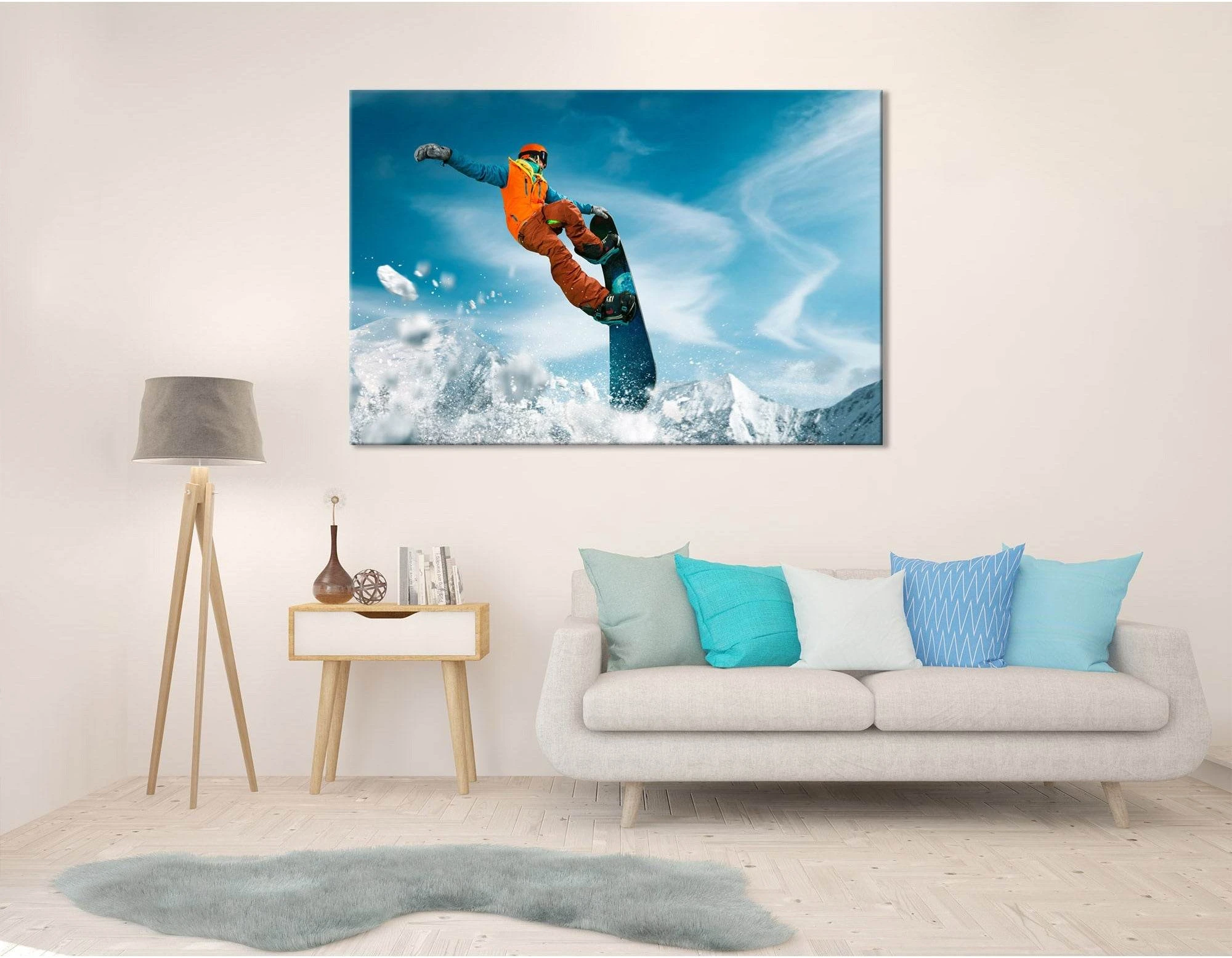 Snowboarder Riding In The Mountains On A Sunny Day №04435 Ready to Hang Canvas Print - Zellart Canvas Prints ALL_Products