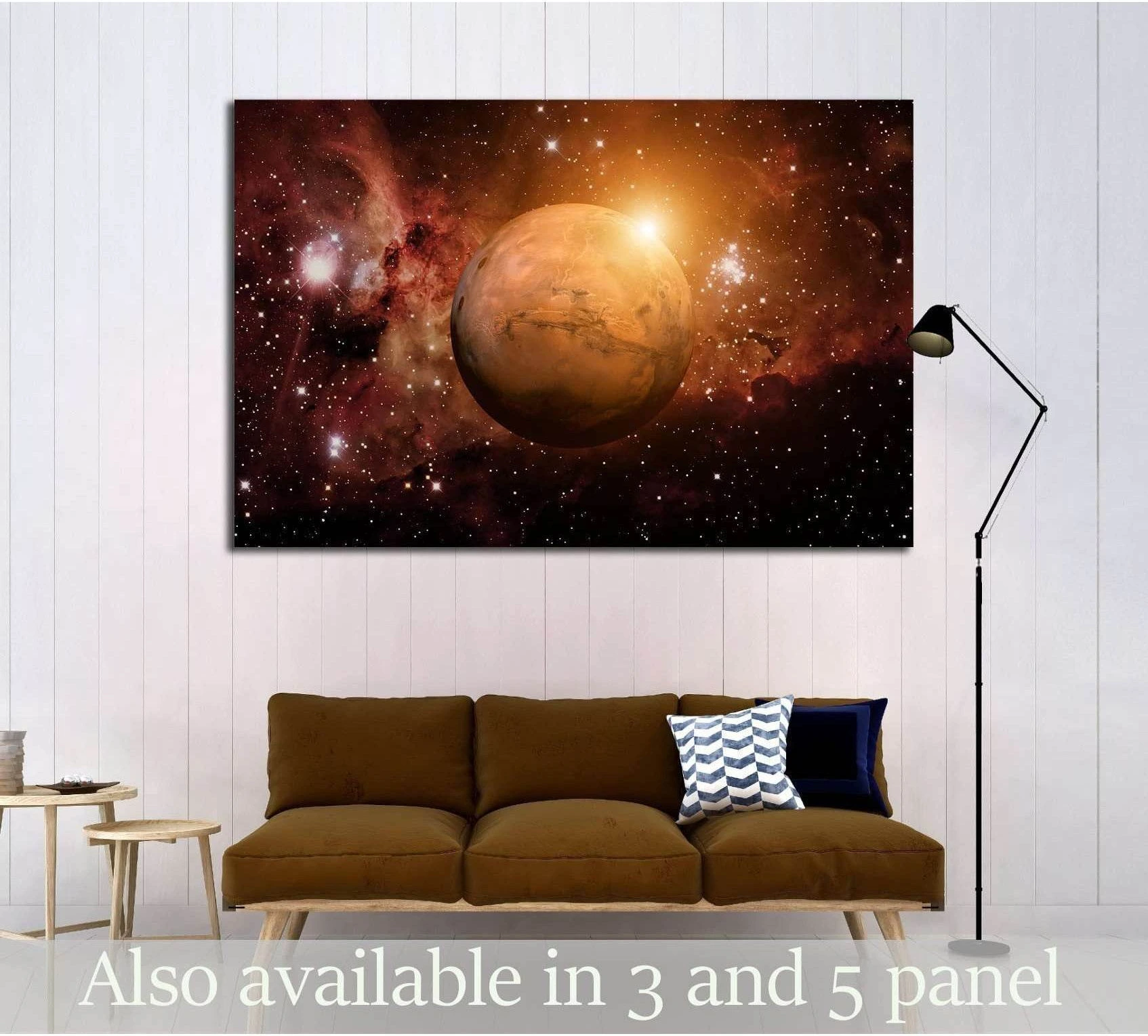 Mars planet canvas print with glowing nebula and starfield above sofa in modern living room