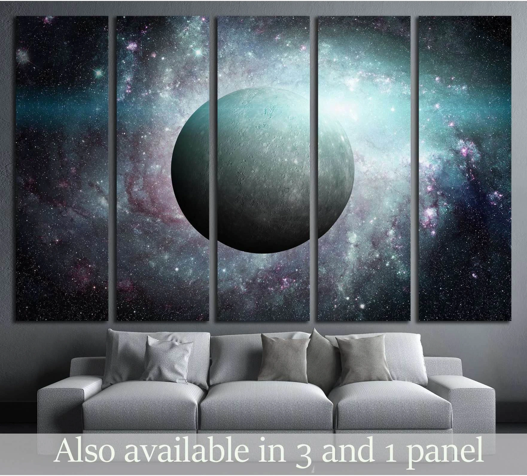 Mercury planet canvas print with teal galaxy nebula hung above sofa in a modern living room