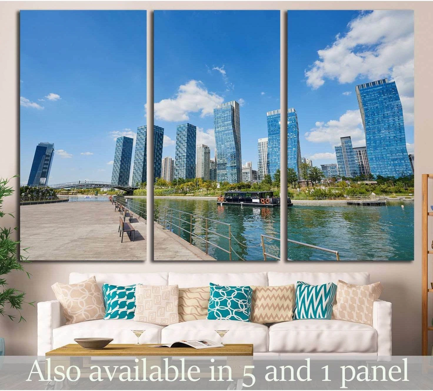 Songdo Korea skyline triptych canvas print with blue glass towers and waterfront promenade above a sofa