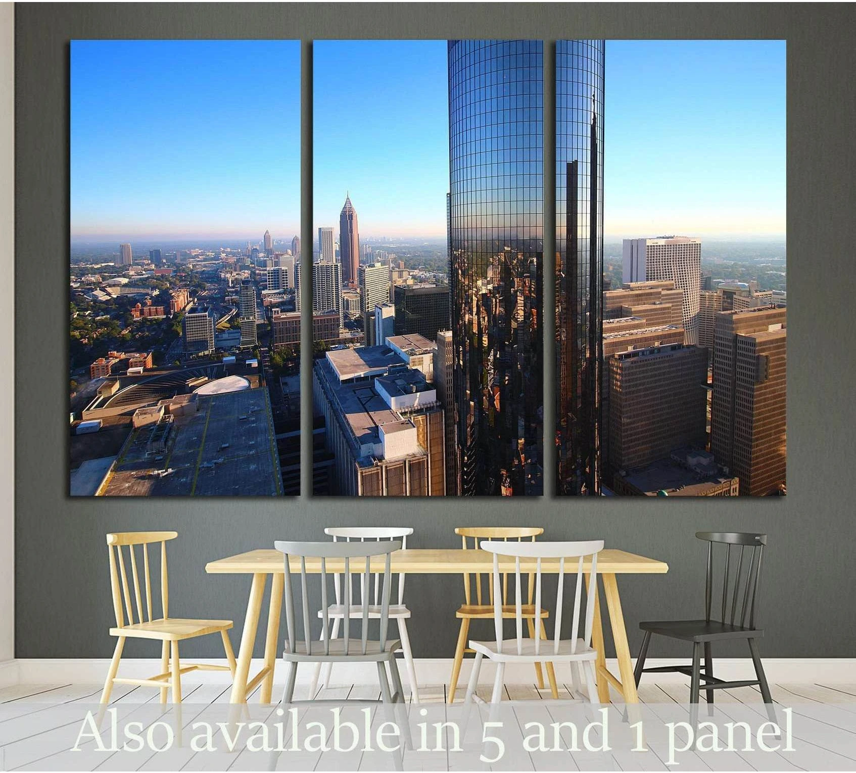 Atlanta skyline triptych canvas print with reflective glass tower above dining table