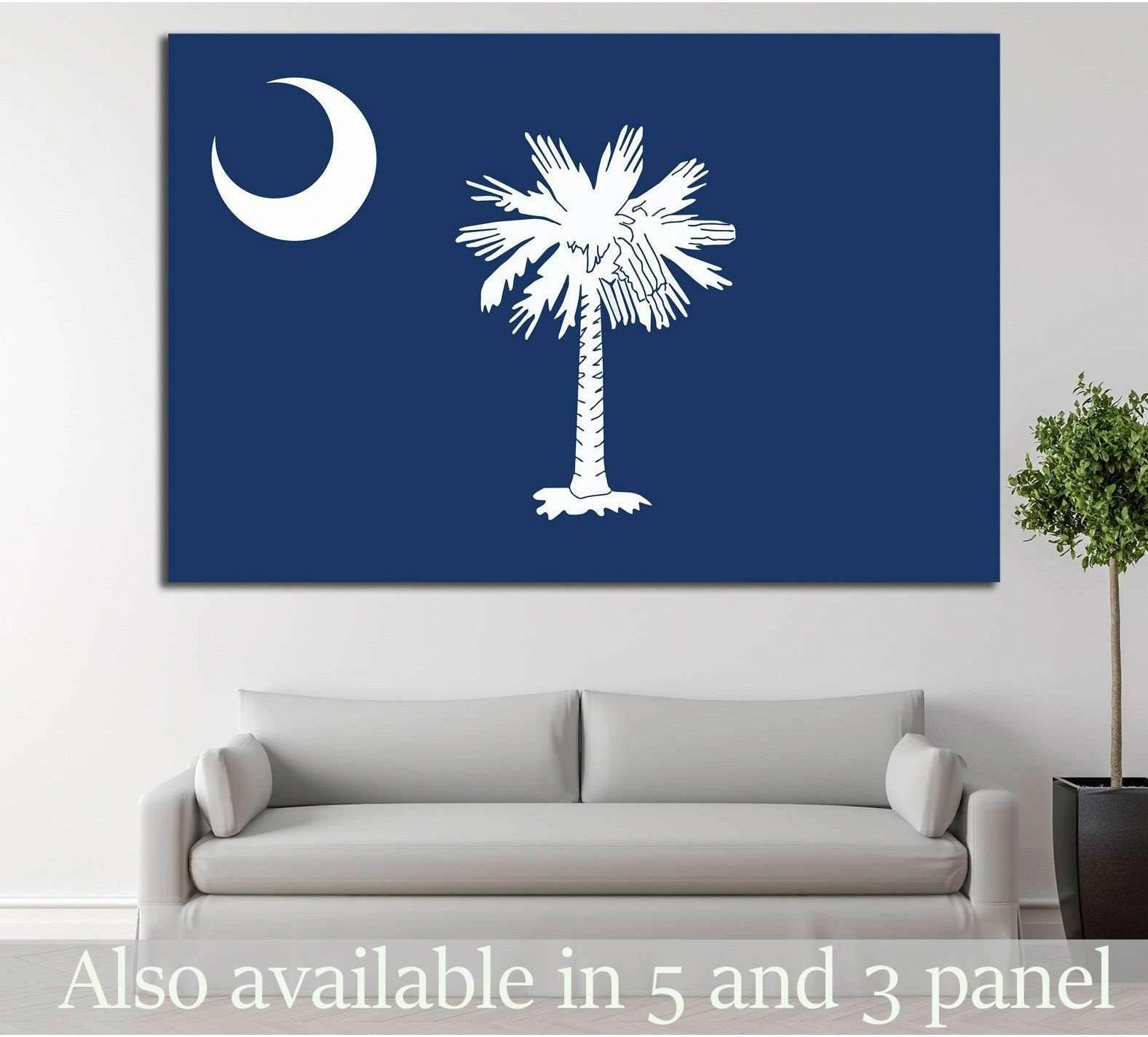 South Carolina flag canvas print with white palmetto tree and crescent moon above sofa