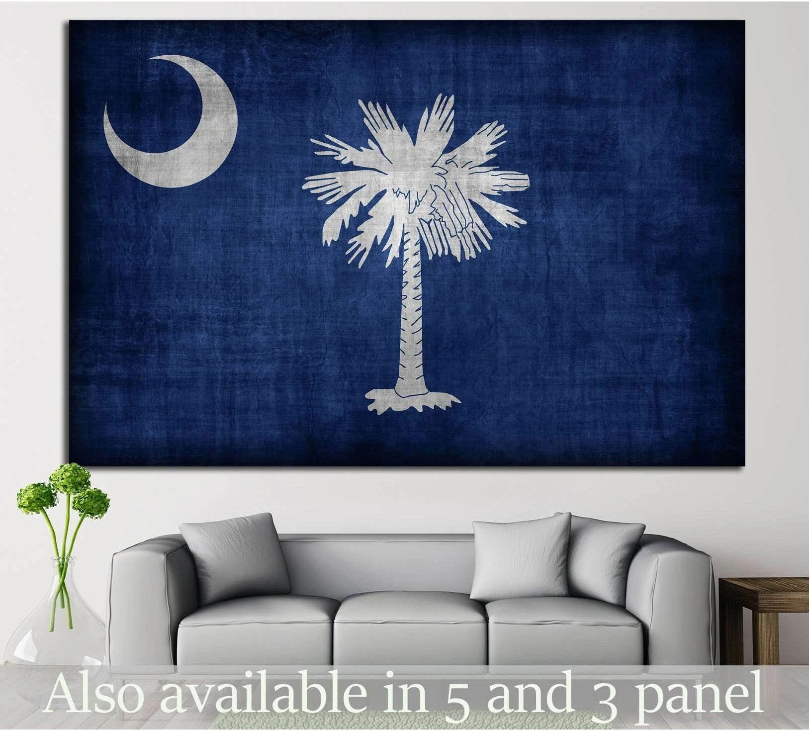 South Carolina flag canvas print with white palmetto tree and crescent above a sofa in a living room