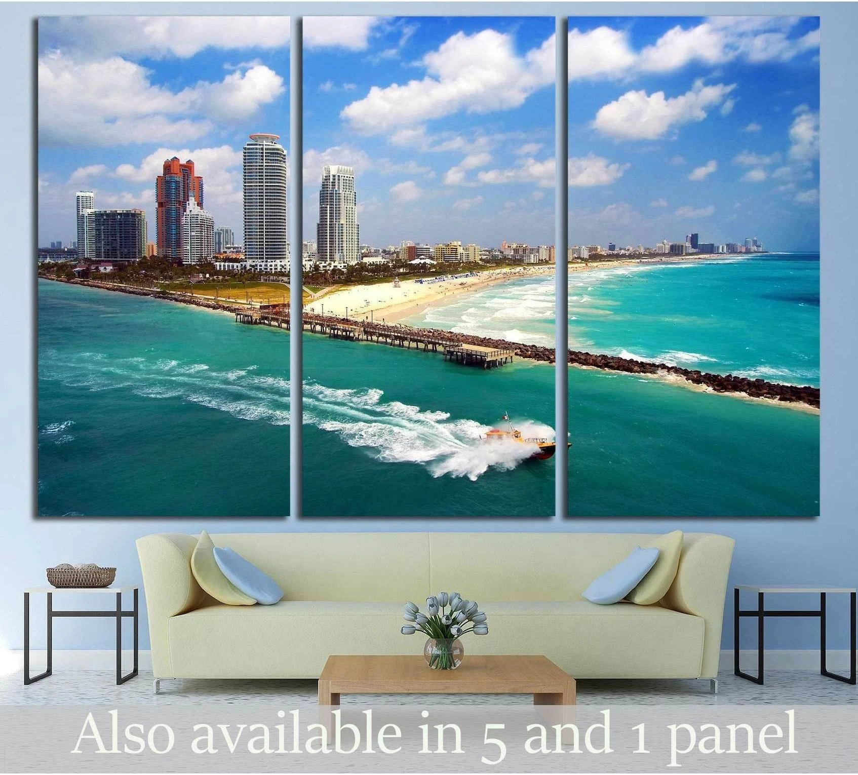 South Miami Beach triptych canvas print with turquoise ocean, white sand, skyline, above a sofa