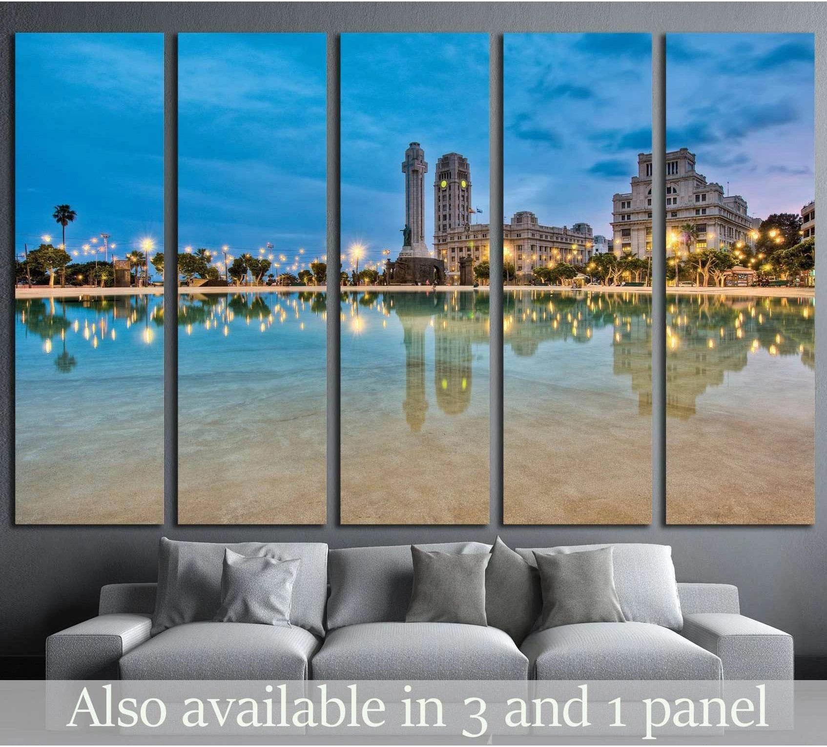 Plaza de España canvas print with reflecting pool and historic buildings at blue hour in Santa Cruz de Tenerife