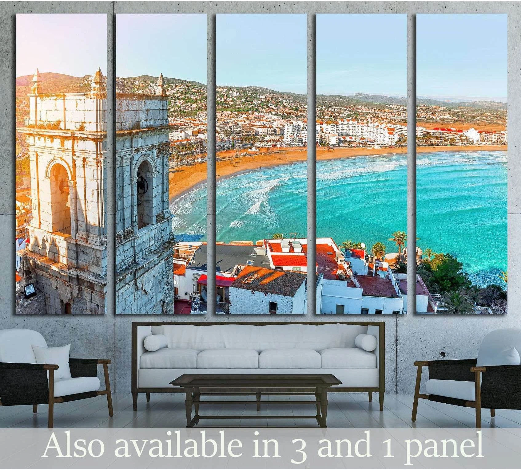 Peniscola coastal canvas print with Pope Luna's Castle and turquoise Mediterranean bay above sofa