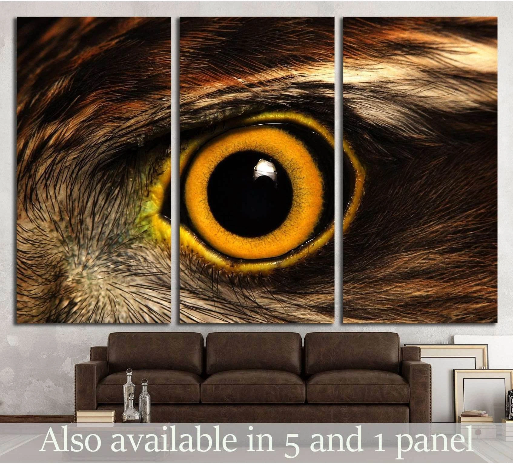 Sparrowhawk eye triptych canvas print with golden iris close-up displayed above a brown sofa