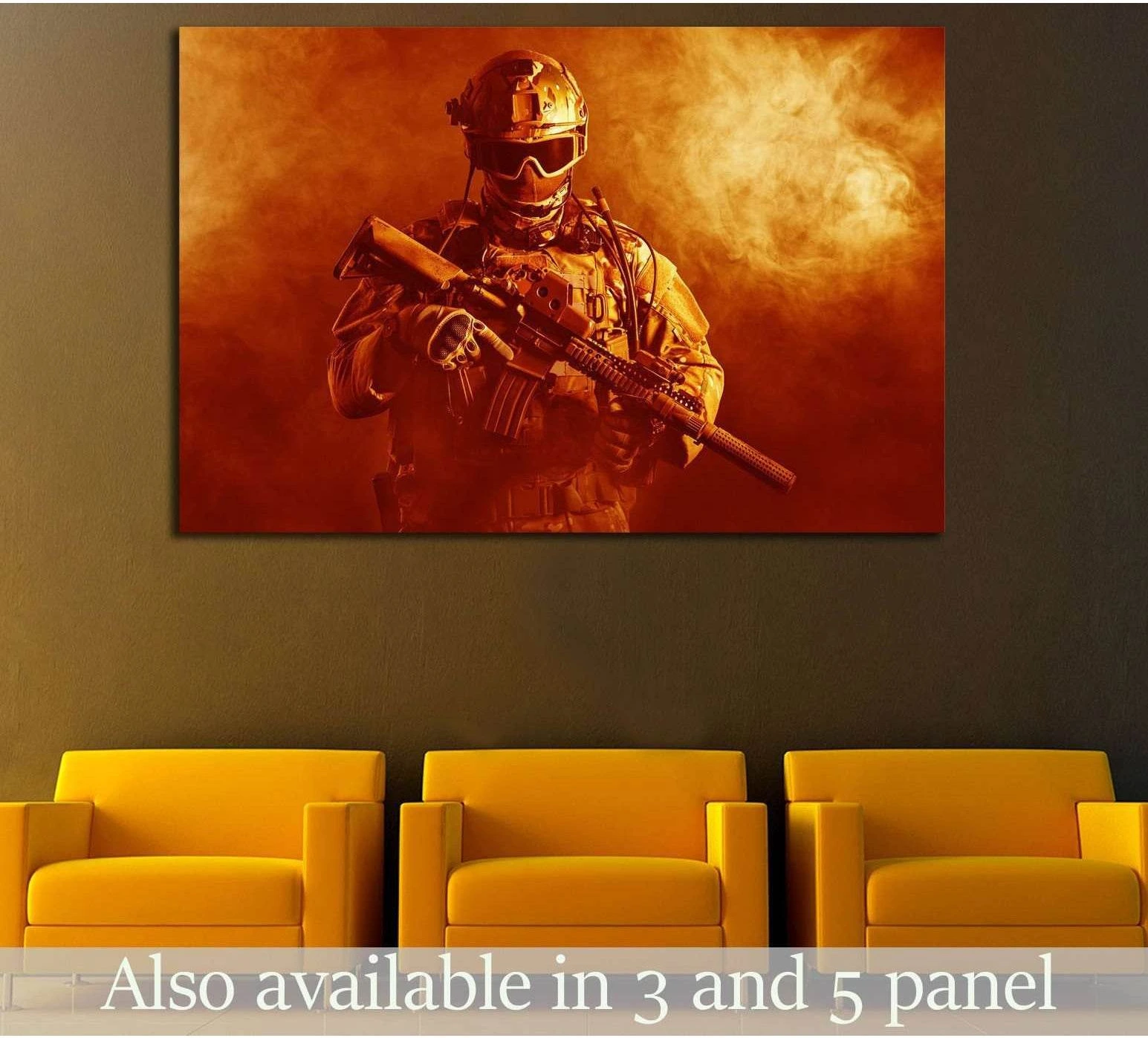 Special forces soldier canvas print with rifle in orange smoke above chairs in a modern room