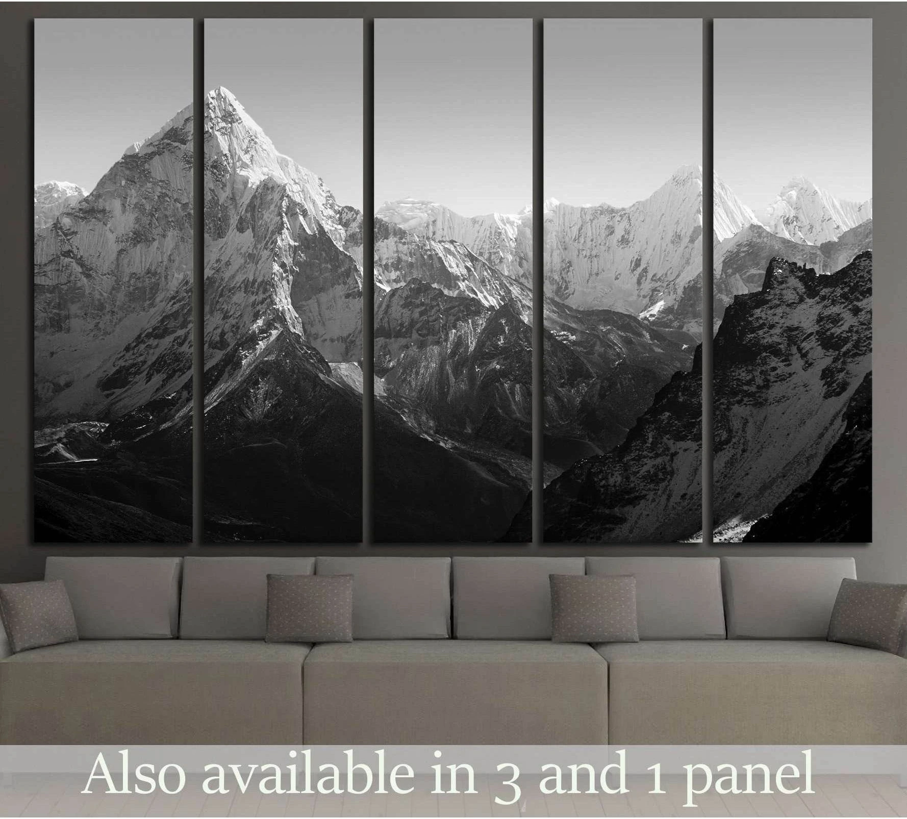Black and white Mount Everest canvas print in a five-panel panoramic mountain wall art display above a sofa