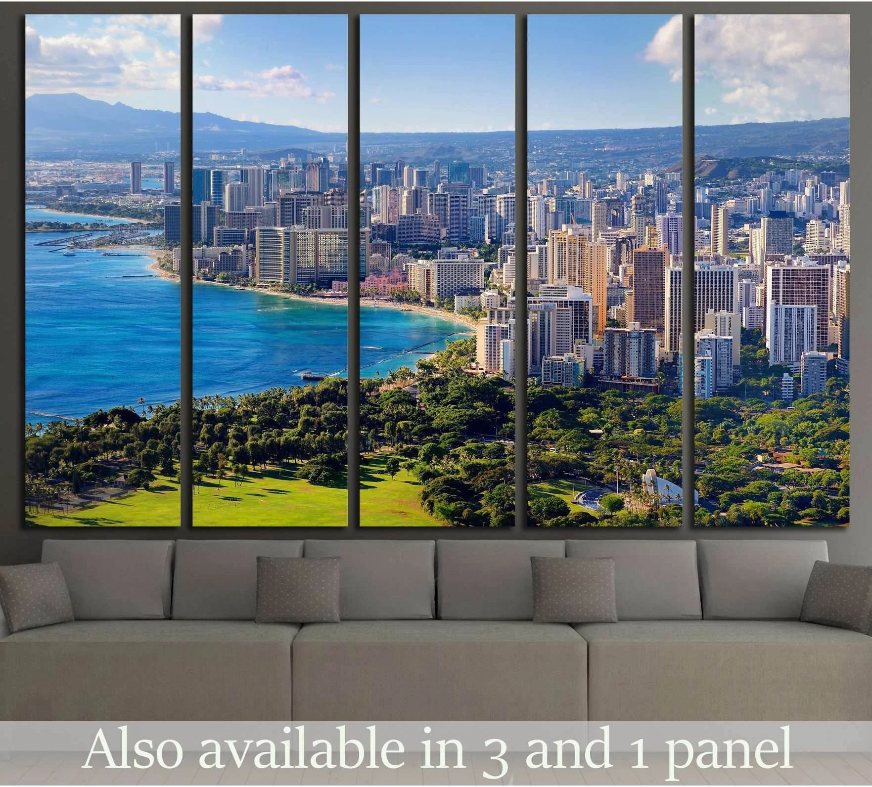 Honolulu skyline canvas print with Waikiki Beach and turquoise bay above a sofa