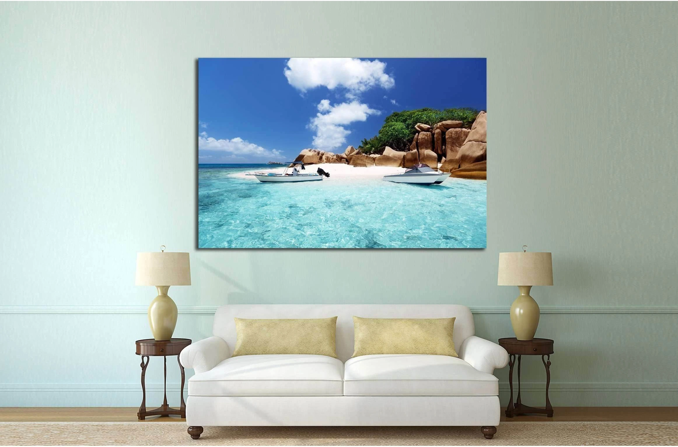 speed boat on the beach of Coco Island, Seychelles №2512 Ready to Hang Canvas Print - Zellart Canvas Prints ALL_Products, s-2512