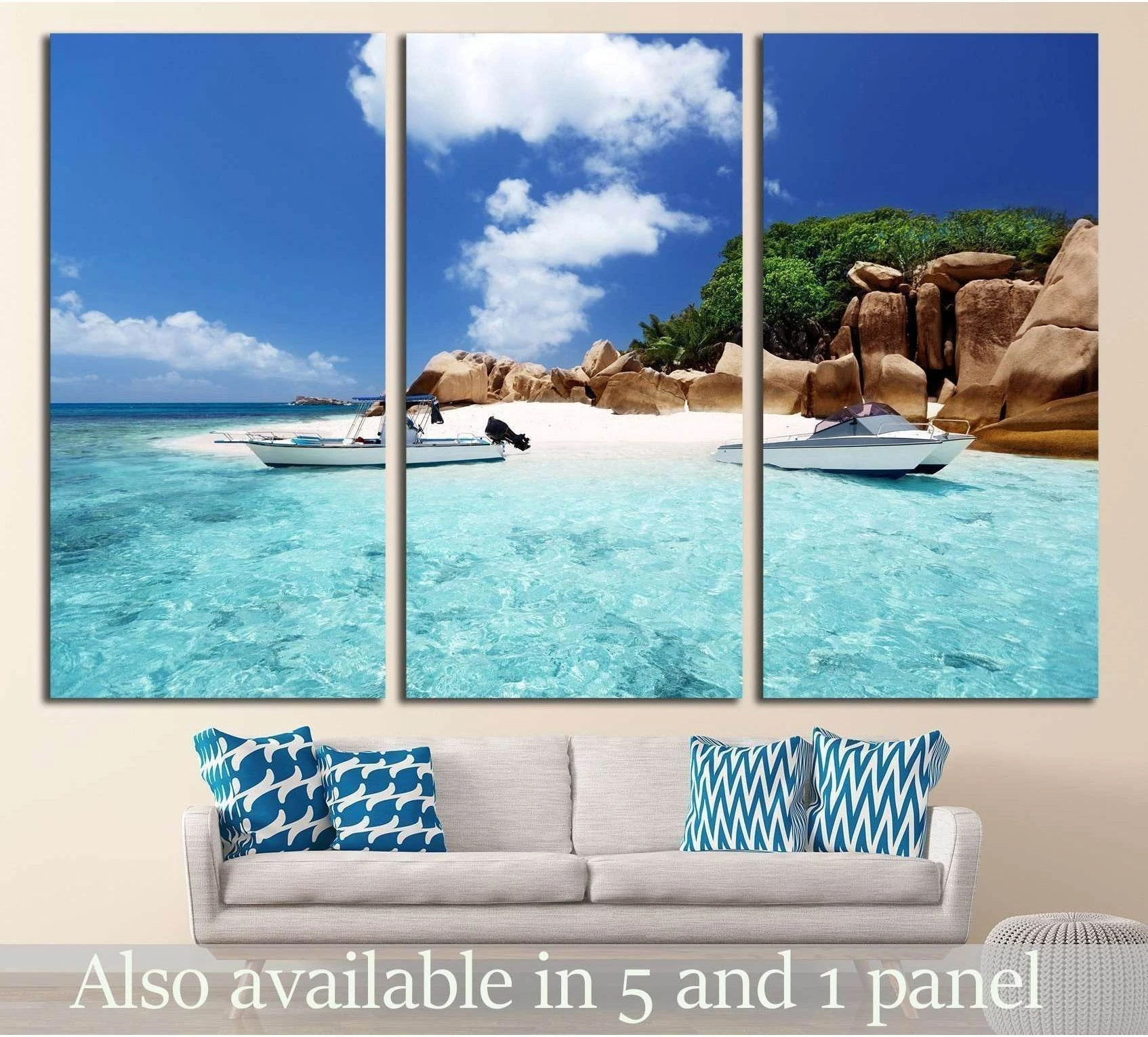 Seychelles beach triptych canvas print with white speed boats in turquoise water above a sofa
