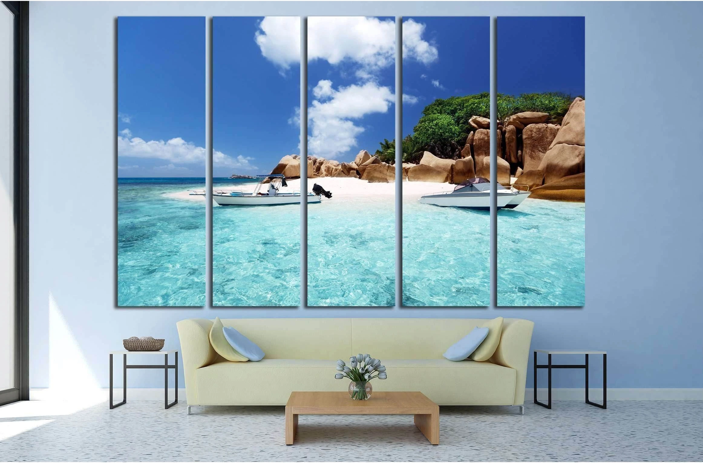 speed boat on the beach of Coco Island, Seychelles №2512 Ready to Hang Canvas Print - Zellart Canvas Prints ALL_Products, s-2512